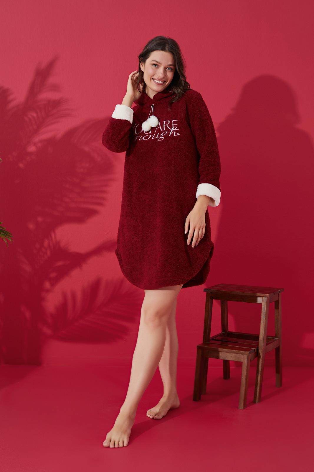 Luxury Soft Welsoft Polar Kapüşonlu Cepli Desenli Peluş Gecelik Elbise - Bordo