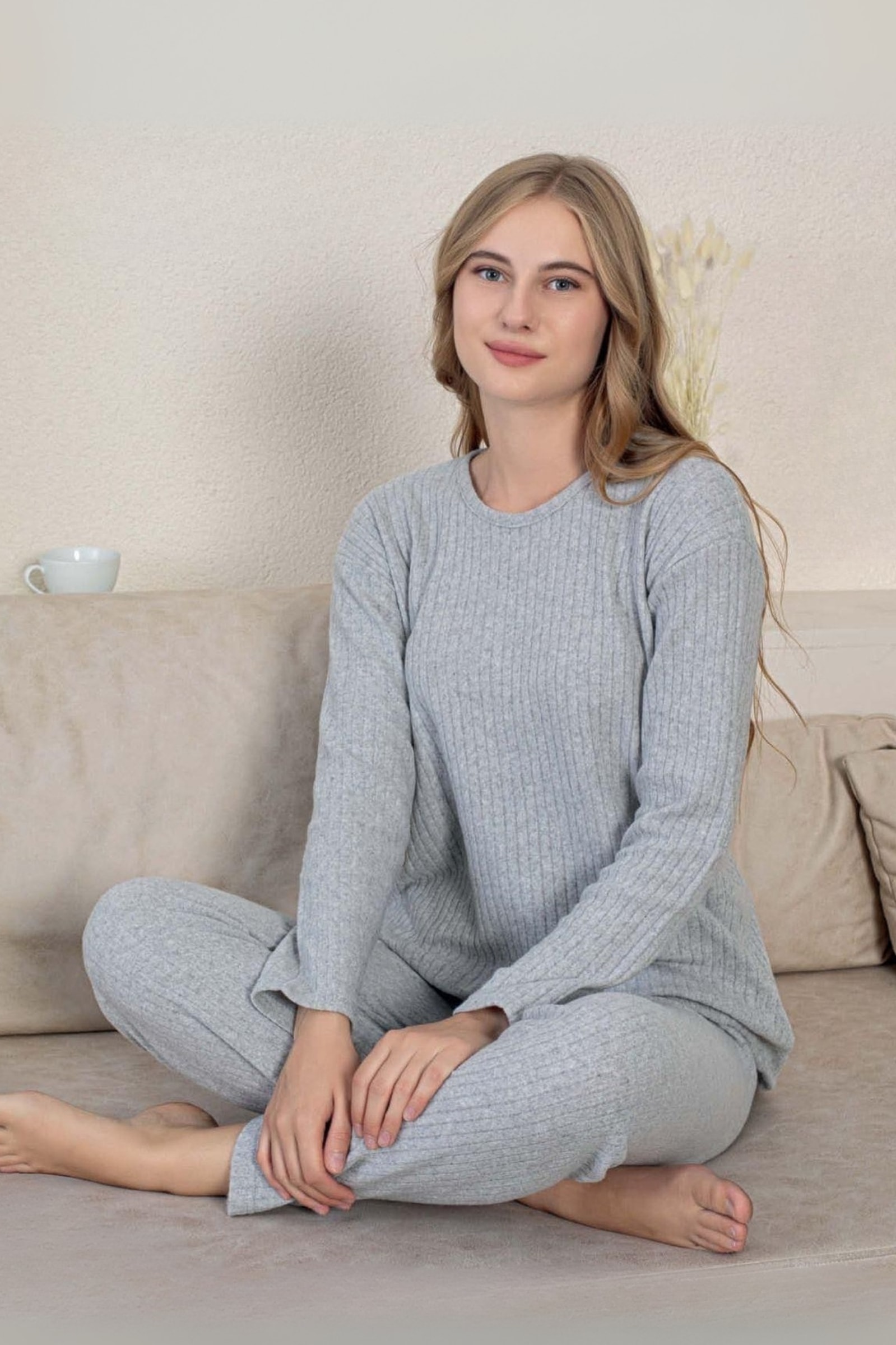 Pamuklu Kalın Kışlık İnterlok Şeritli Uzun Kollu Örme Pijama Takımı - Gri