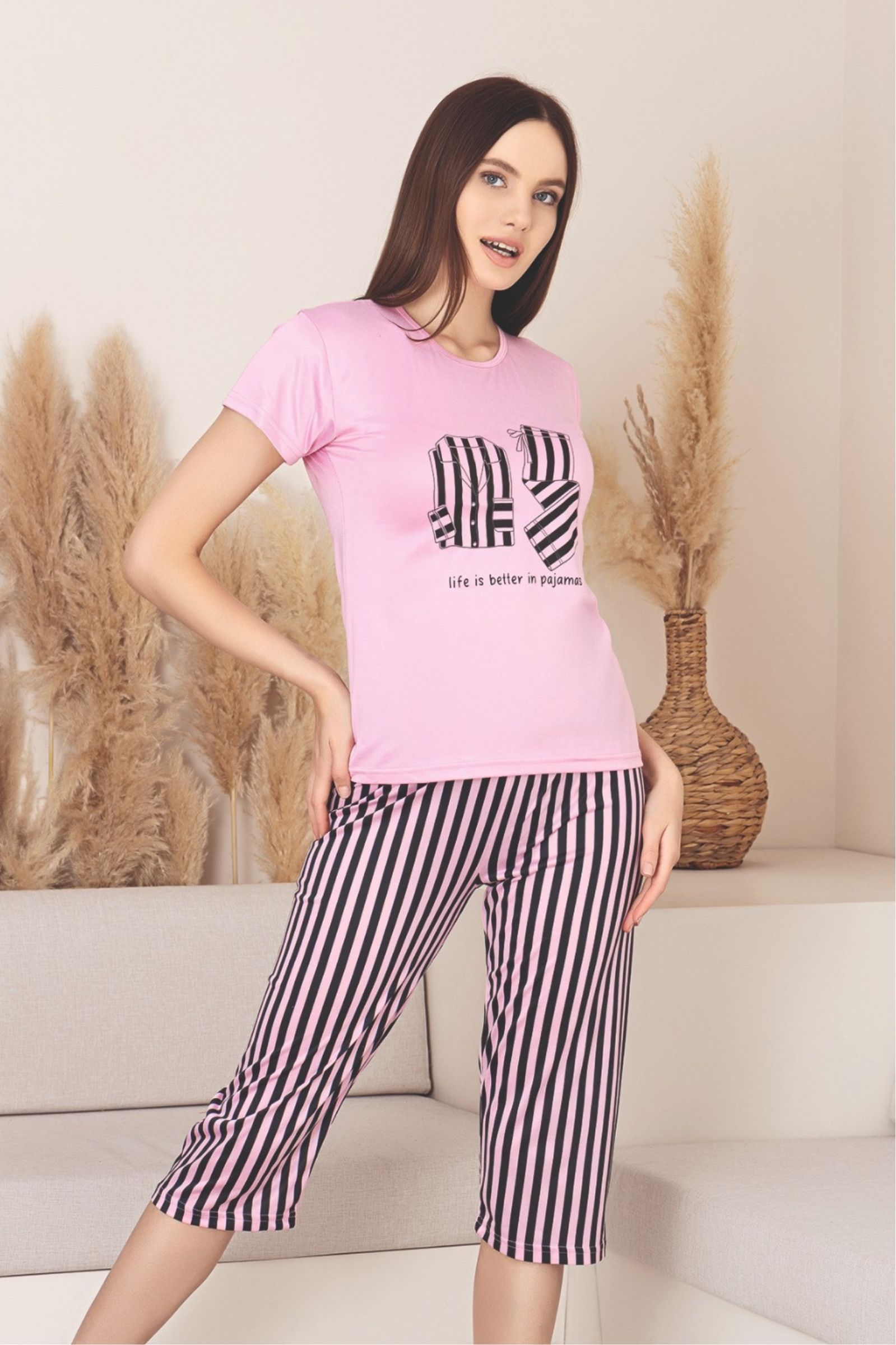 Dreamy Milan Bambu Likralı Desenli Kısa Kollu Kapri Pijama Takımı