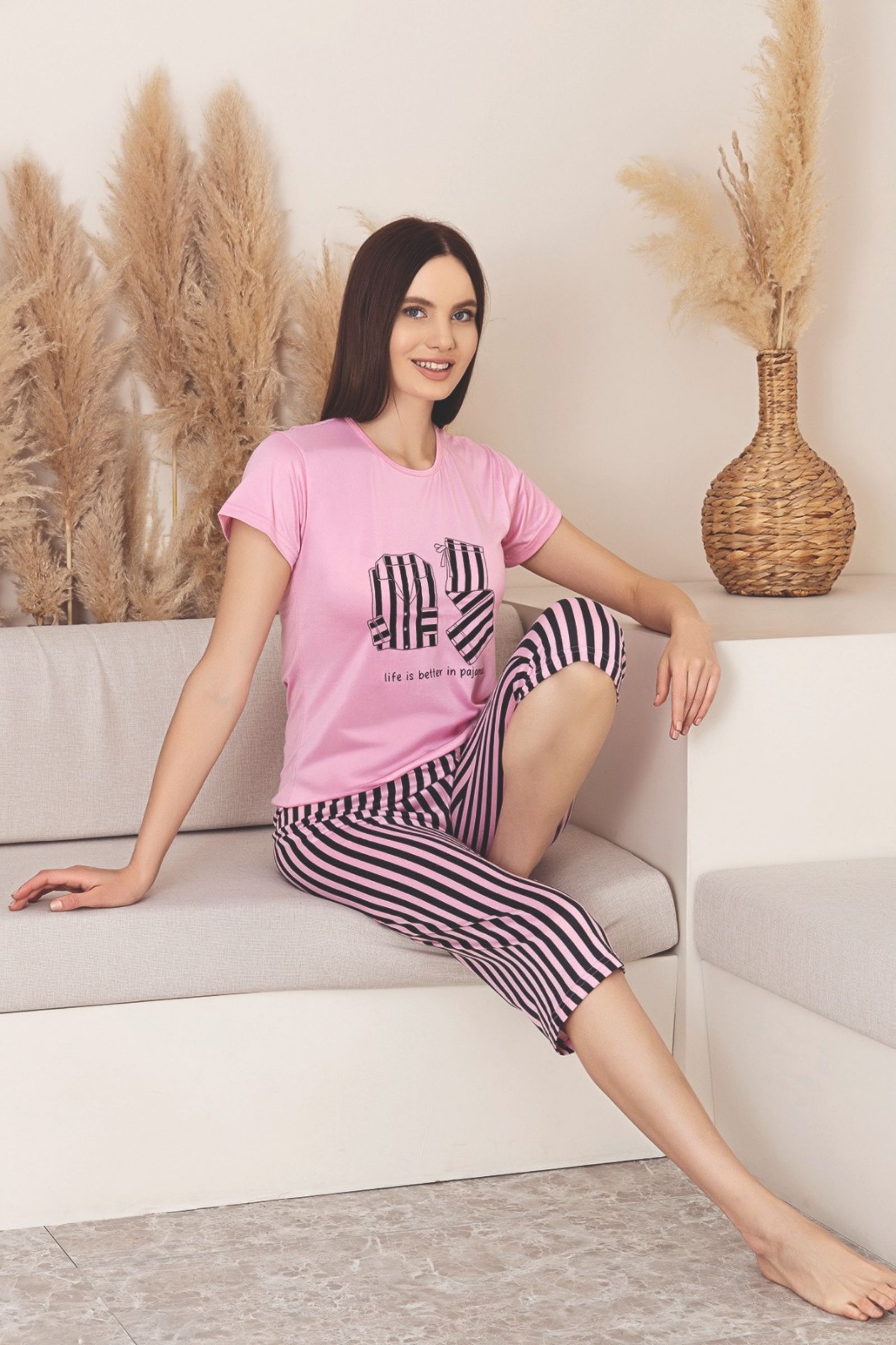 Dreamy Milan Bambu Likralı Desenli Kısa Kollu Kapri Pijama Takımı