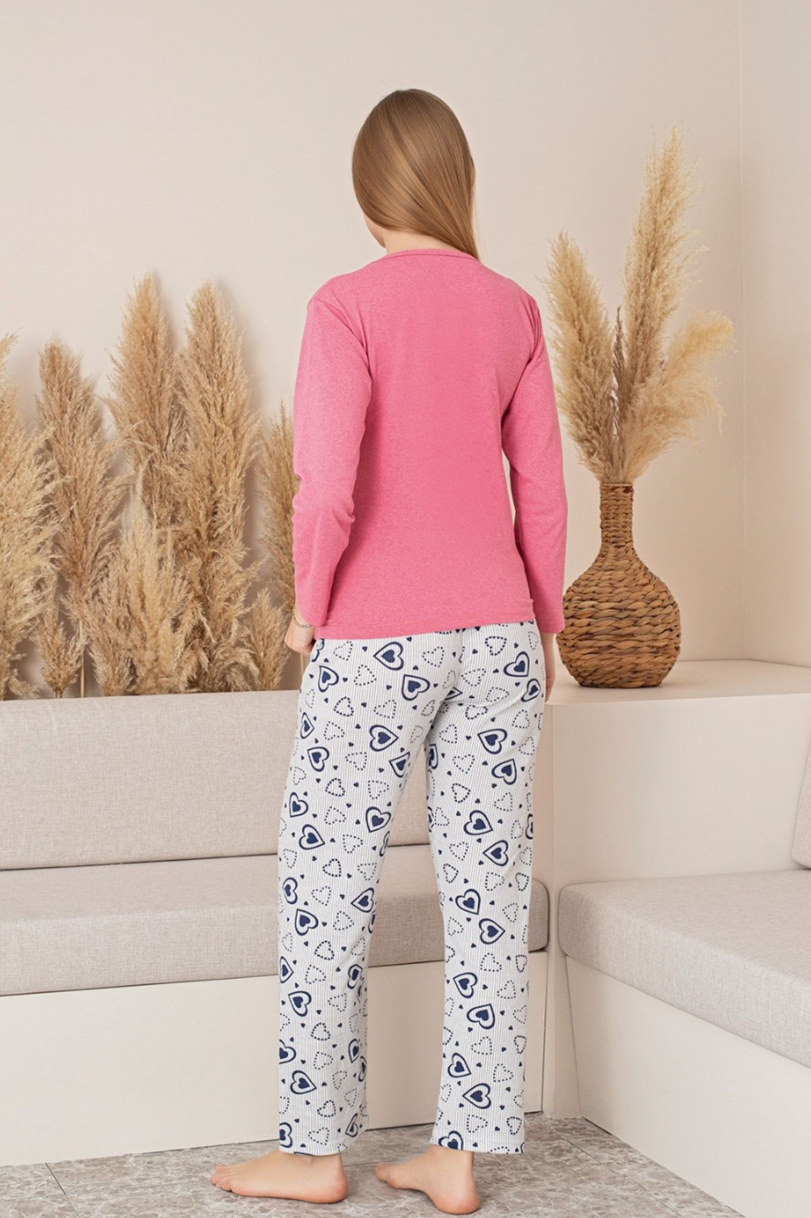 Dreamy Pamuklu Desenli Uzun Kollu Kadın Pijama Takımı - Pembe