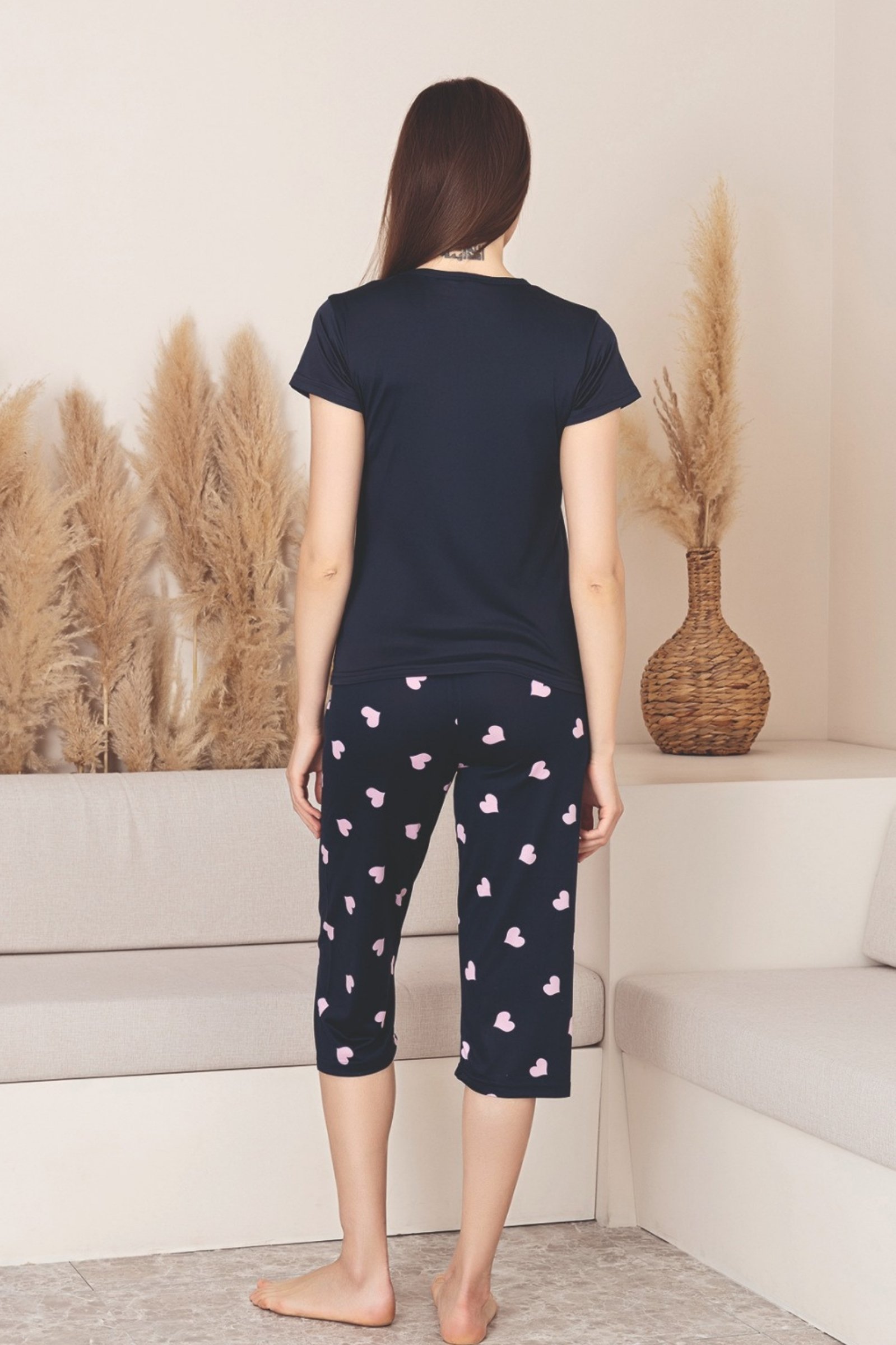 Dreamy Milan Bambu Likralı Desenli Kısa Kollu Kapri Pijama Takımı - Lacivert