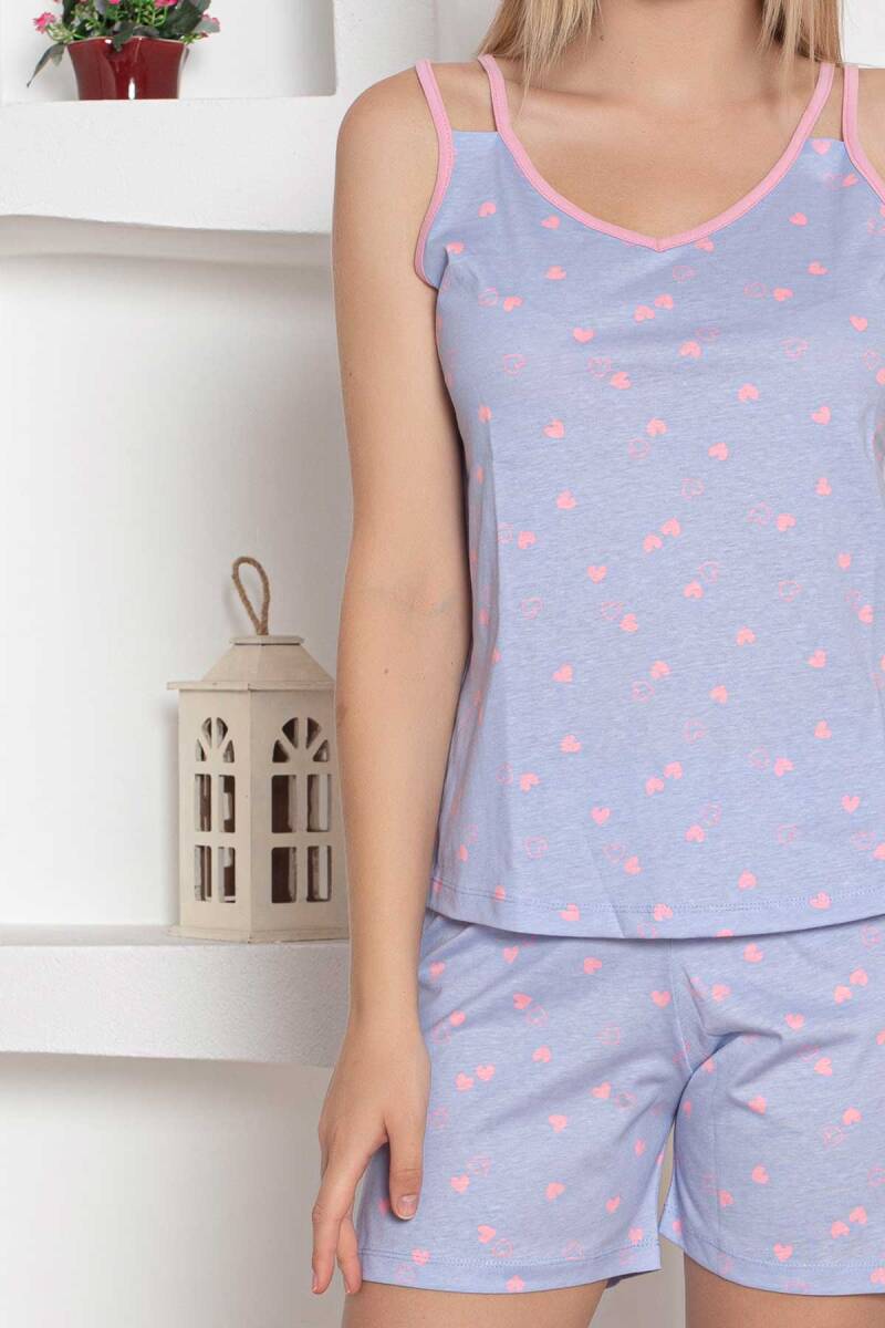 Exclusive Pamuklu Askılı Kalp Desenli Şortlu Penye Pijama Takımı - Mavi