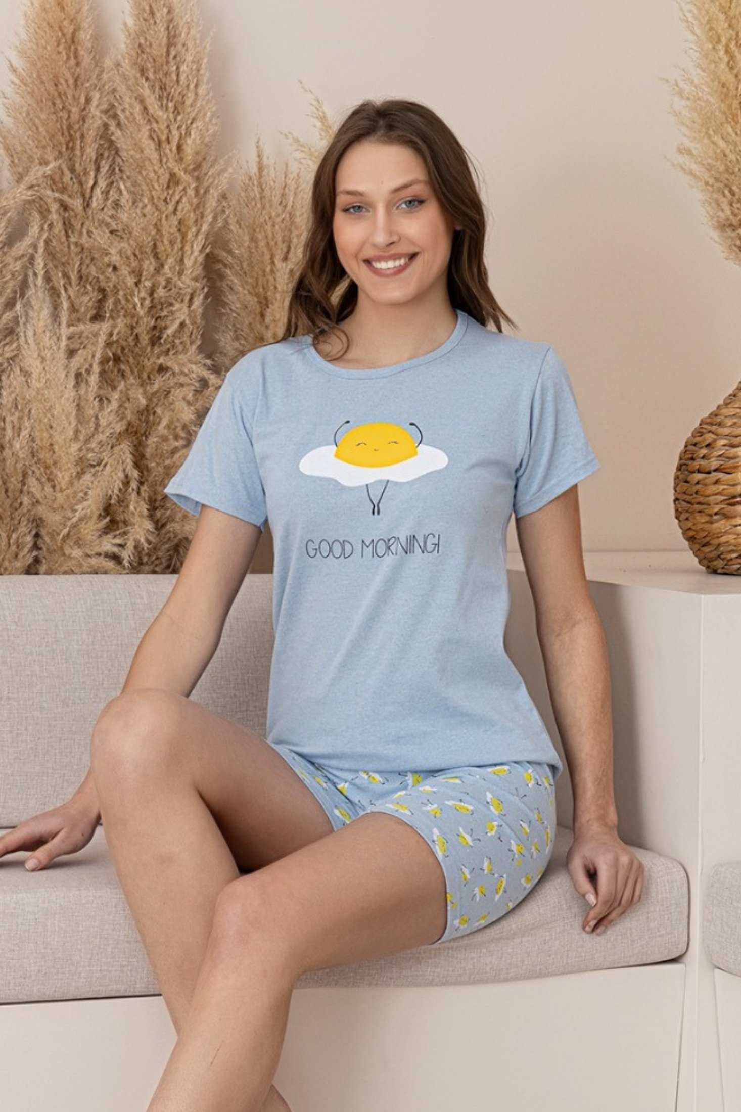 Dreamy Pamuklu Desenli Kısa Kollu Şortlu Kadın Pijama Takımı - Mavi