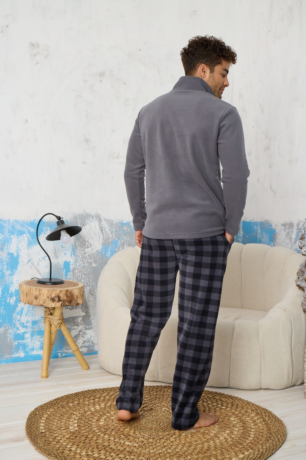 Luxury Soft Polar Ekose Kareli Fermuarlı Yaka Erkek Pijama Takımı - Gri