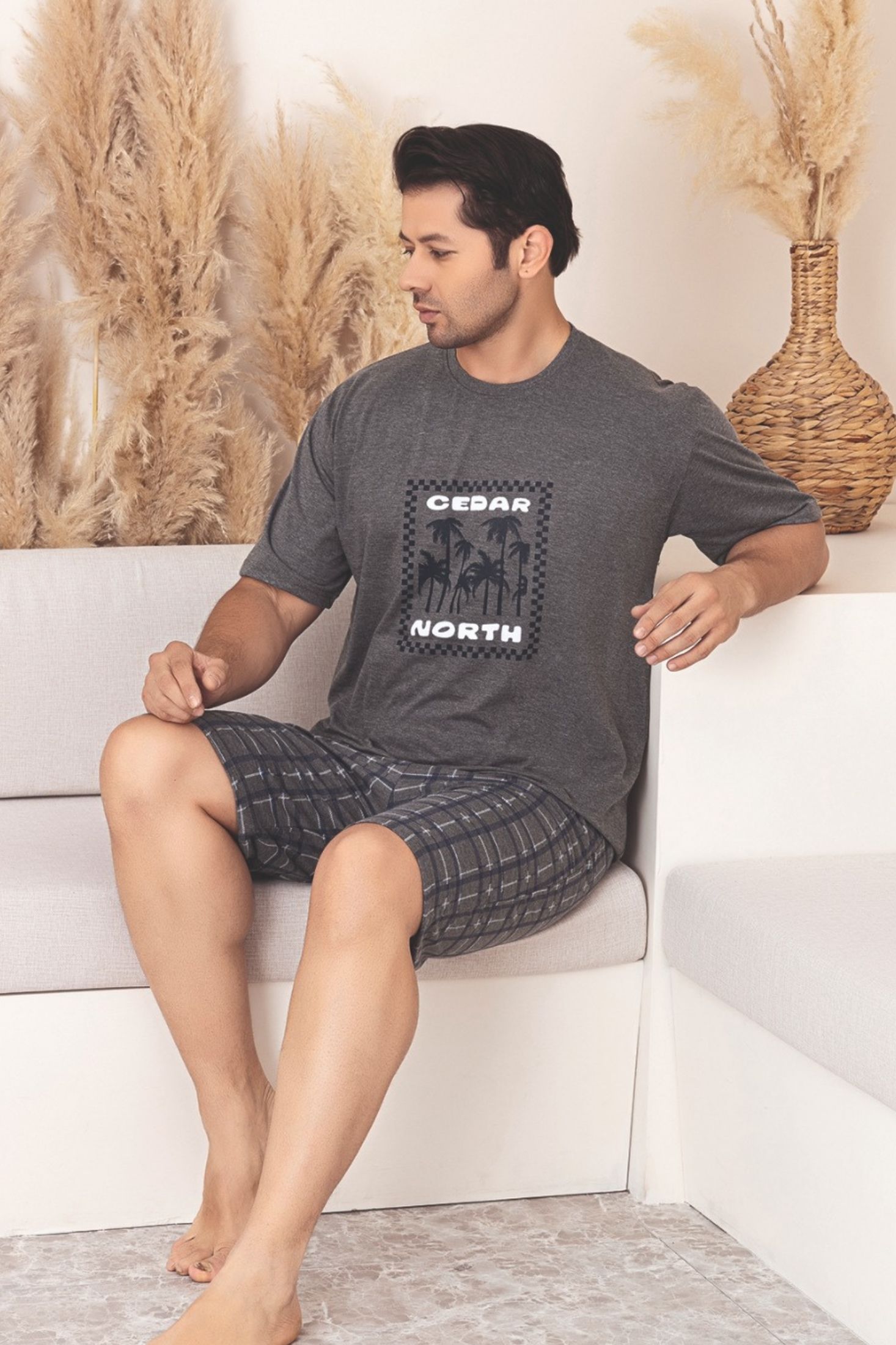 Büyük Beden Pamuklu Cepli Kısa Kollu Şortlu Erkek Pijama Takımı