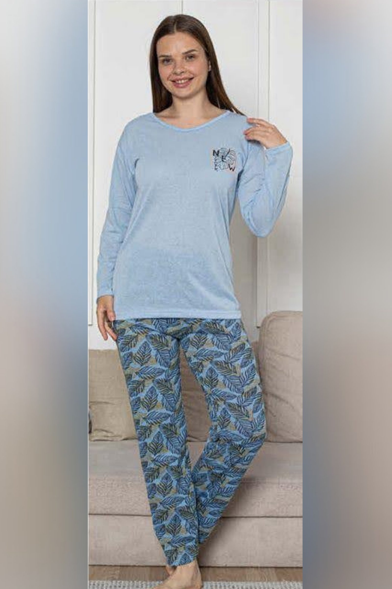 Ecodream Uzun Kollu Desenli Ekonomik Kadın Pijama Takımı - Mavi