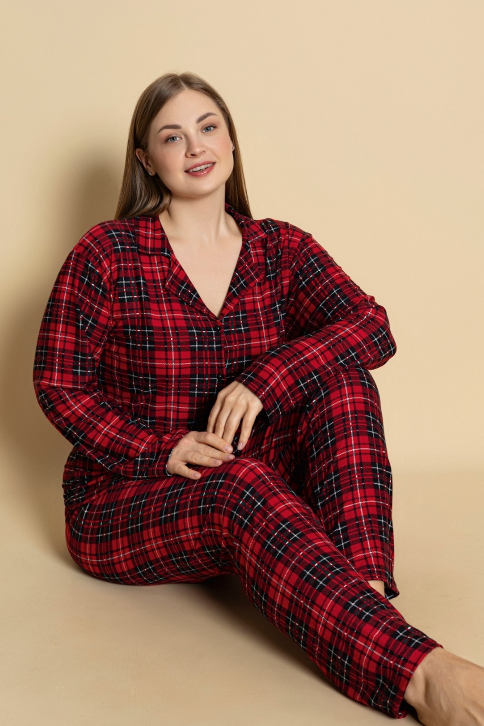 Büyük Beden Pamuklu Ekose Kareli Uzun Kollu Düğmeli Gömlek Pijama Takımı