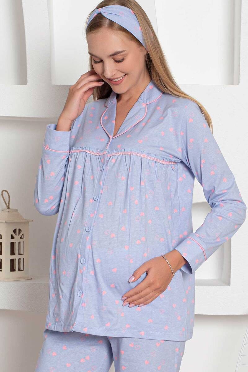 Mother's Dream Pamuklu Biyeli Düğmeli Hamile Lohusa Pijama Takımı - Mavi