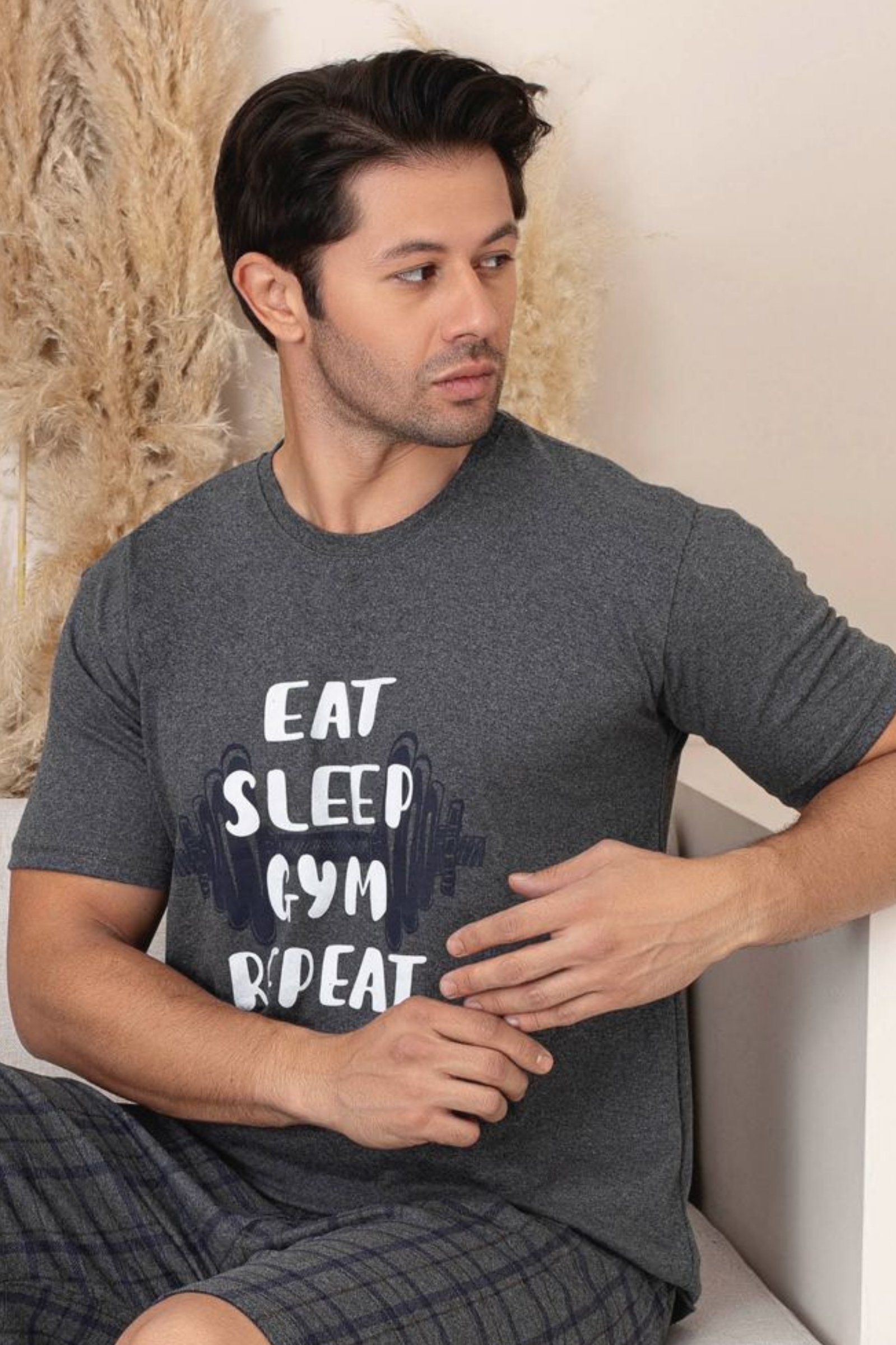 Dreamy Pamuklu Cepli Desenli Kısa Kollu Şortlu Erkek Pijama Takımı - FÜME