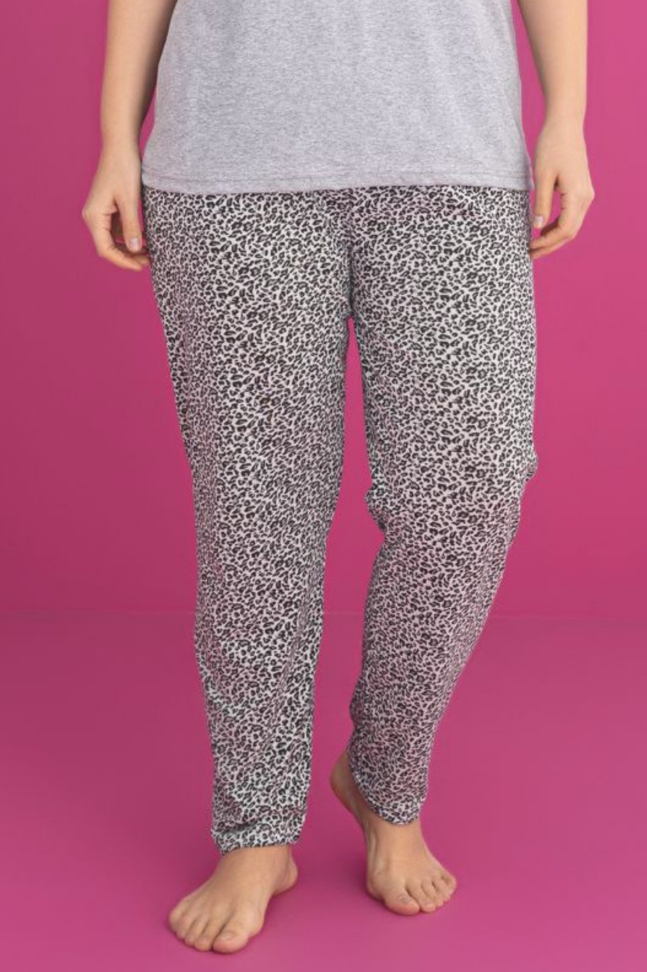 X-Dreamy Büyük Beden Pamuklu Leopar Desenli Kısa Kollu Pijama Takımı - Gri