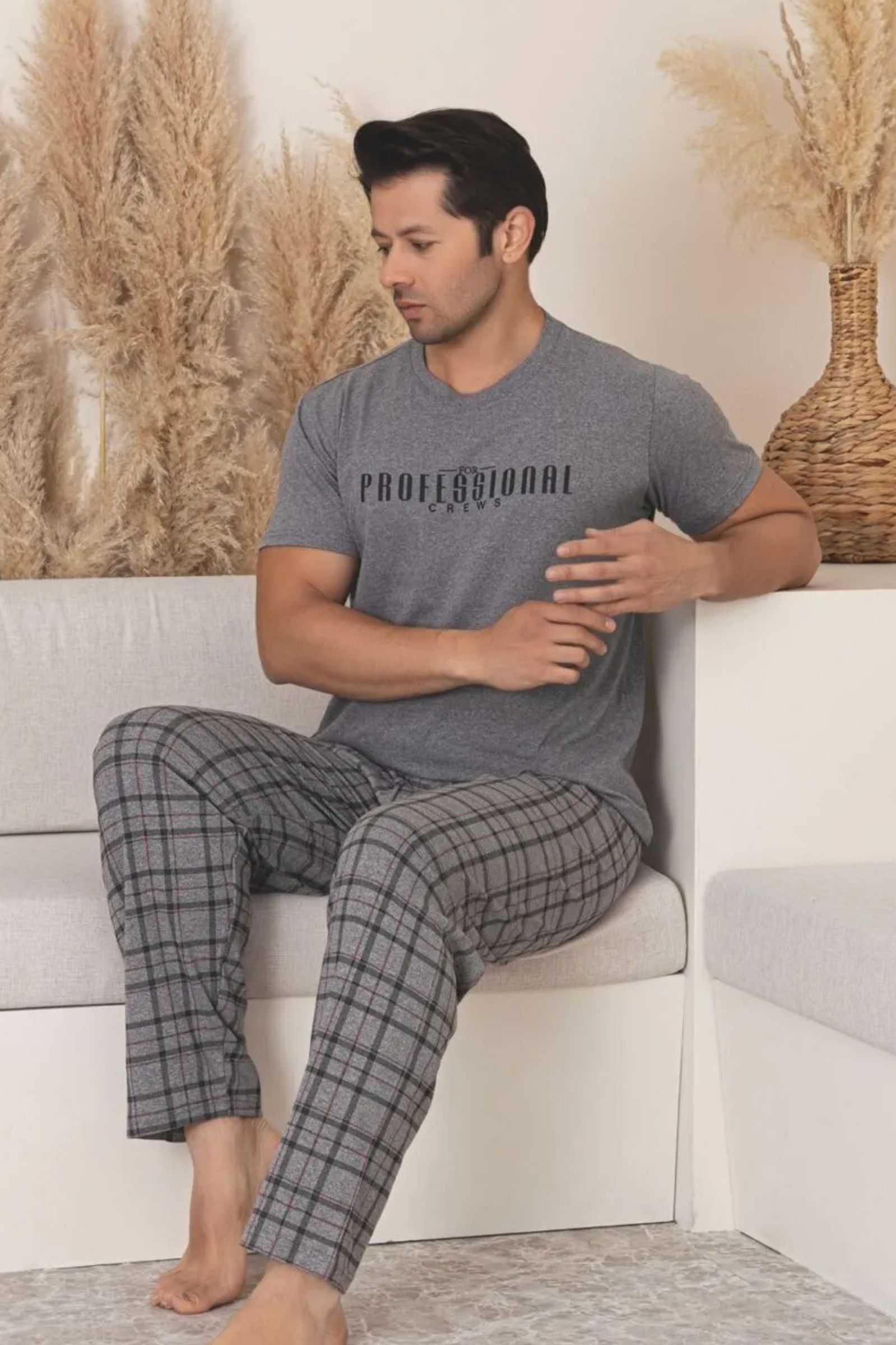 Dreamy Pamuklu Ekose Kareli Kısa Kollu Örme Erkek Pijama Takımı - FÜME