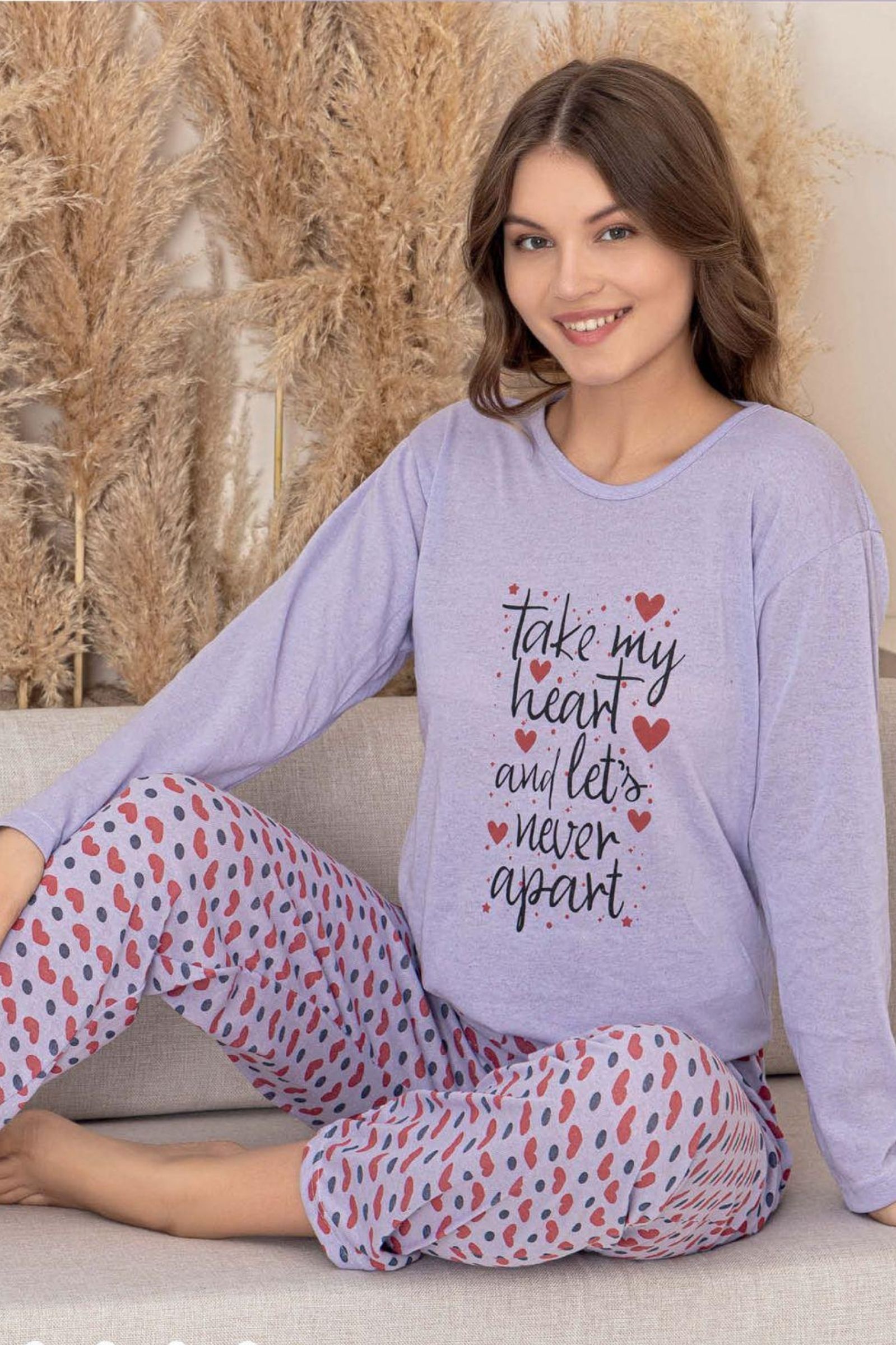 Ecodream Uzun Kollu Desenli Ekonomik Kadın Pijama Takımı - Lila