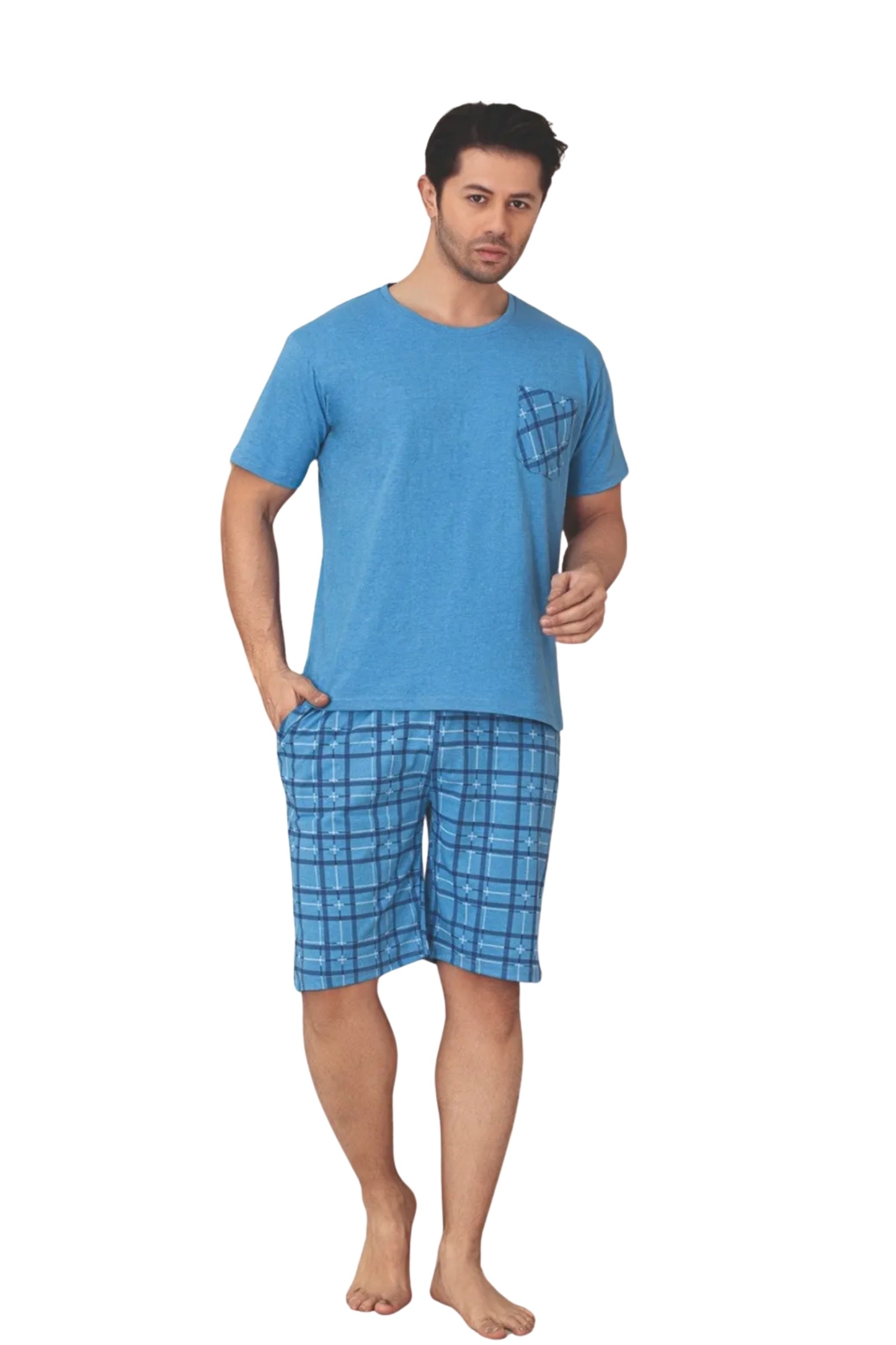 Dreamy Pamuklu Cepli Desenli Kısa Kollu Şortlu Erkek Pijama Takımı - Mavi