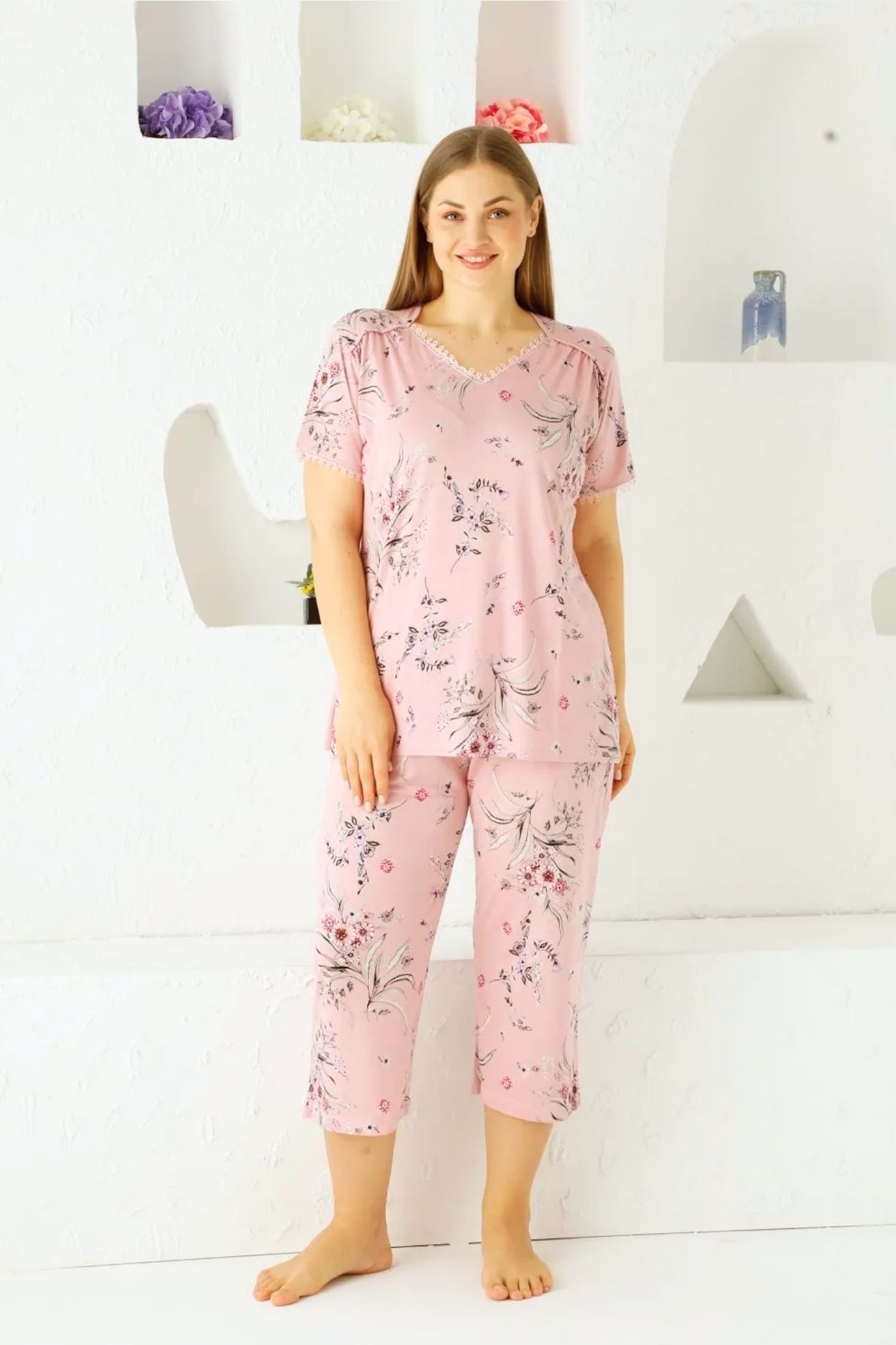 X-Dreamy Büyük Beden Likralı Dantelli Çiçekli Bermuda Kapri Takım - Pembe
