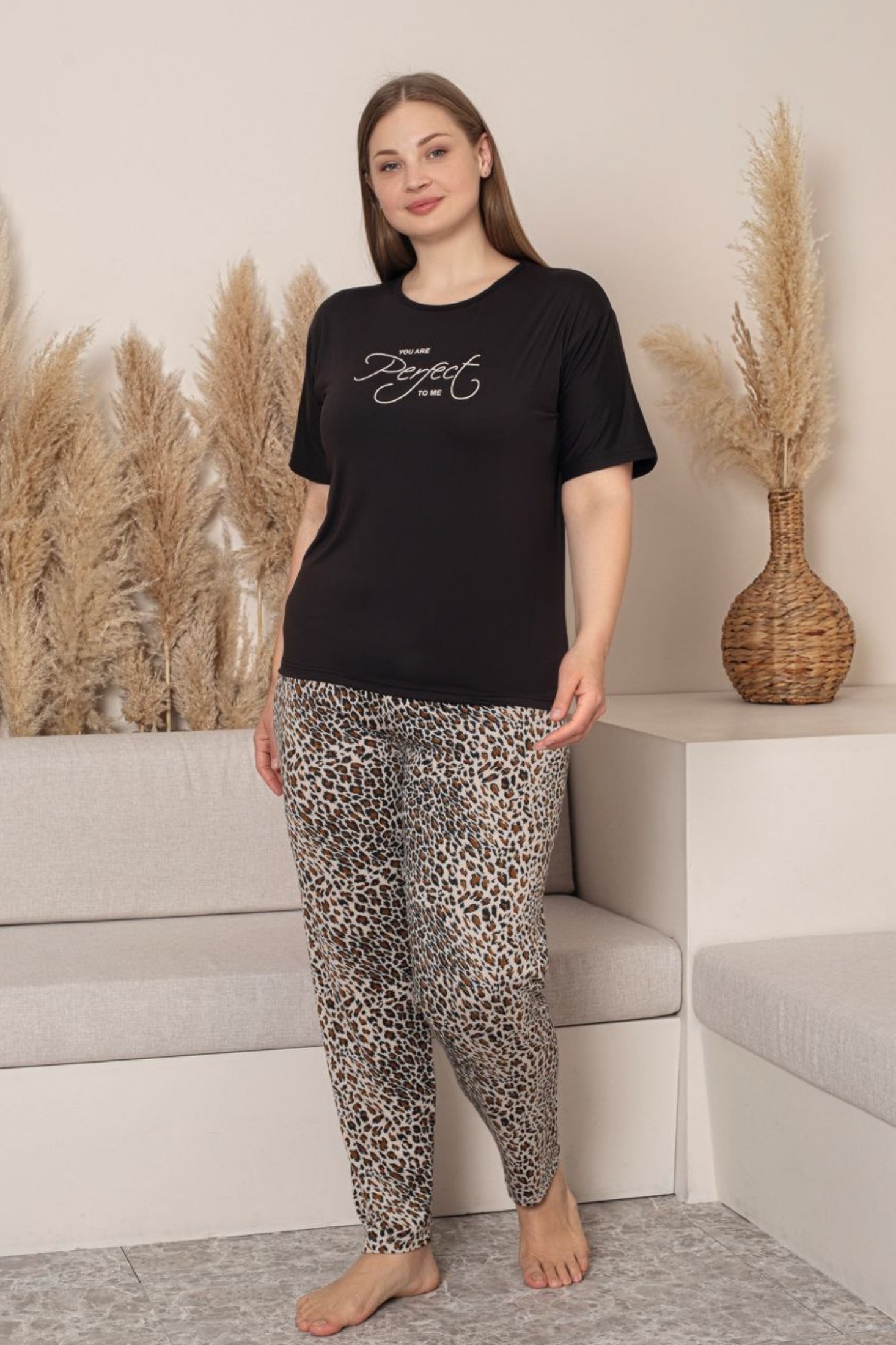 Büyük Beden Milan Bambu Kısa Kollu Likralı Penye Pijama Takımı - Kahverengi