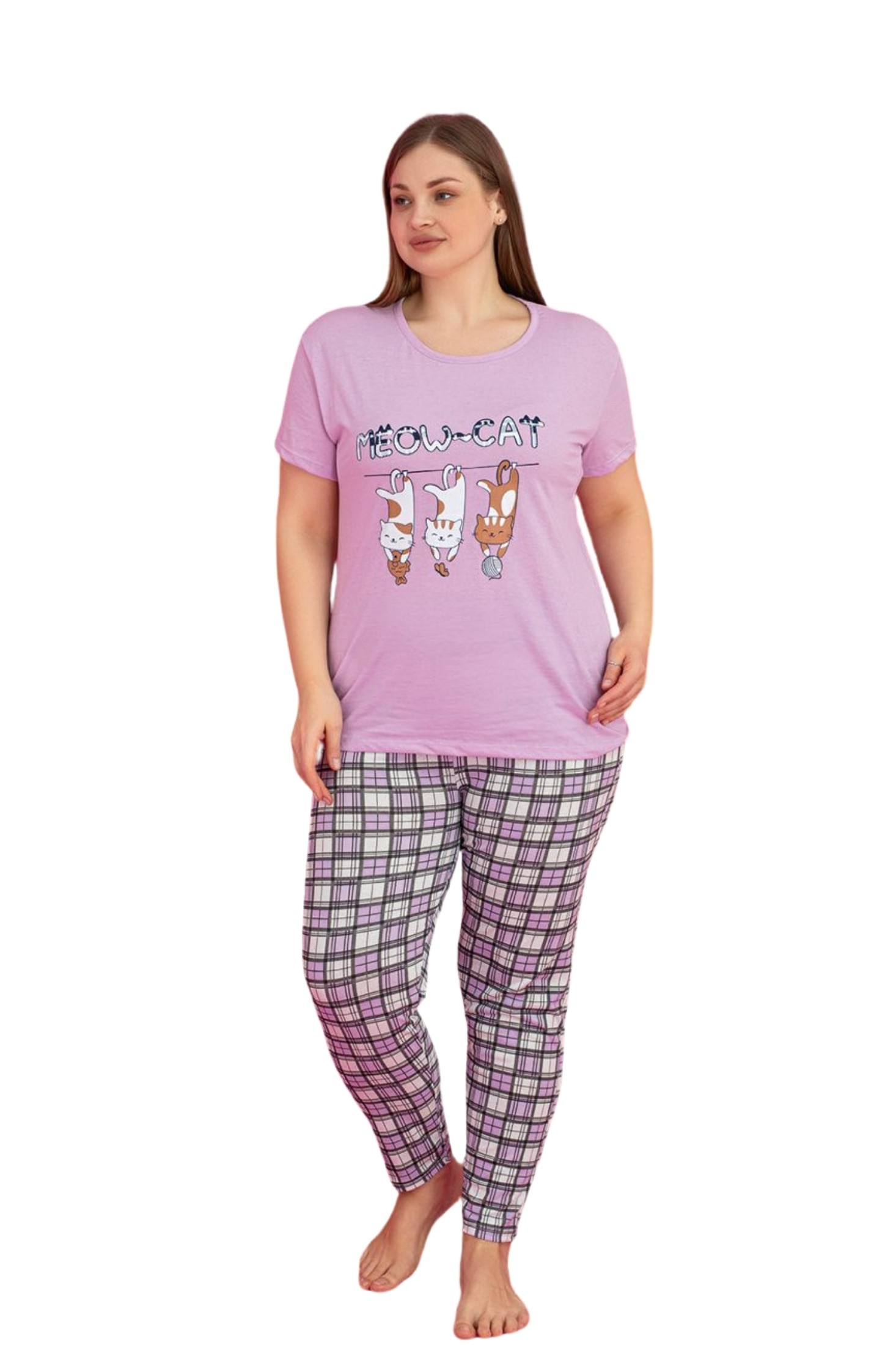 X-Dreamy Büyük Beden Pamuklu Desenli Kısa Kollu Pijama Takımı - Lila