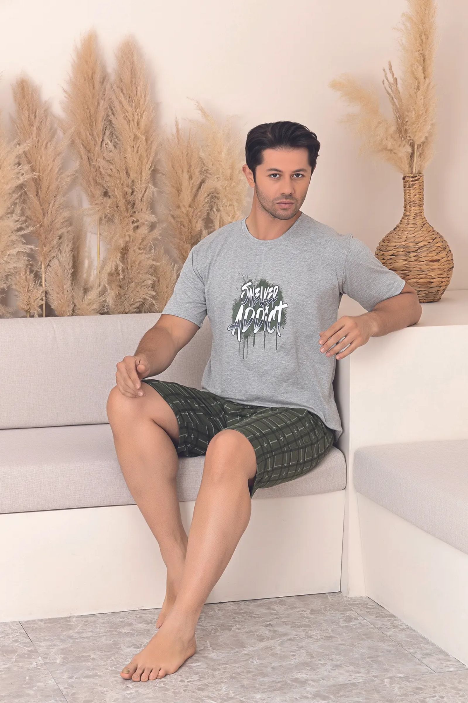 Dreamy Pamuklu Cepli Desenli Kısa Kollu Şortlu Erkek Pijama Takımı
