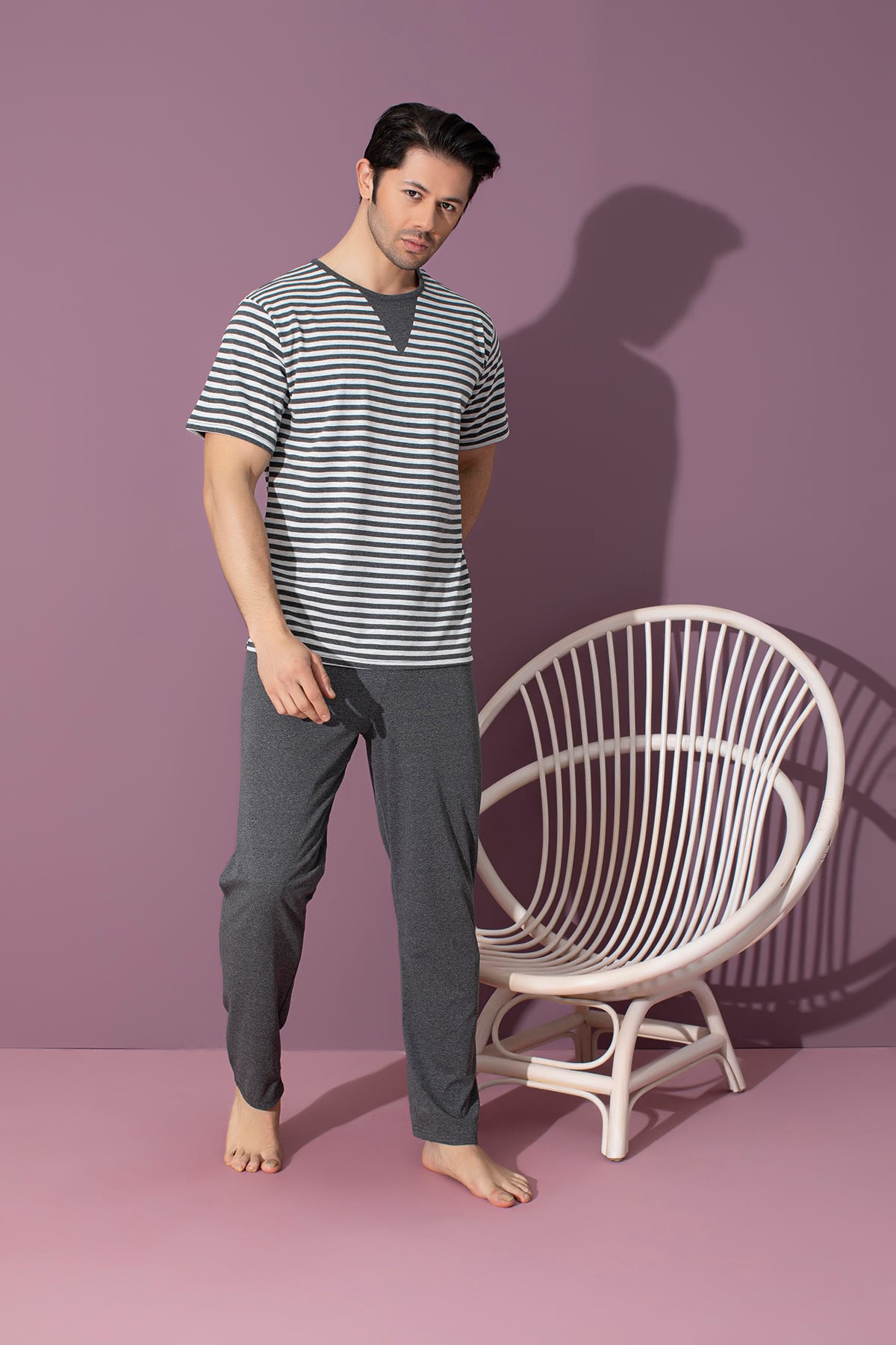 Dreamy Pamuklu Kısa Kollu Bisiklet Yaka Erkek Pijama Takımı - Gri