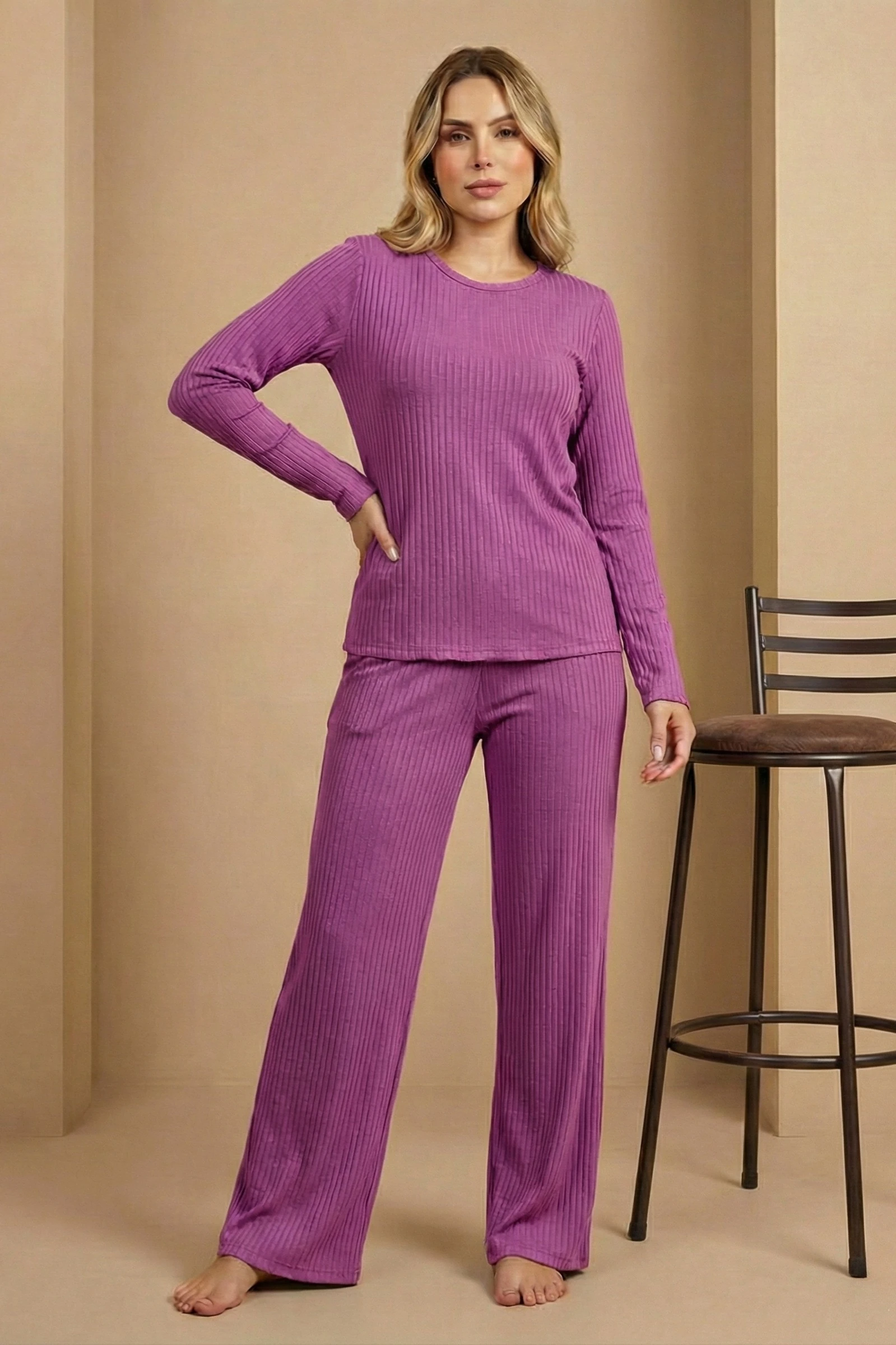 Uzun Kollu Bol Paça Yumuşak Şeritli Örme Kaşkorse Pijama Takımı - Orkide