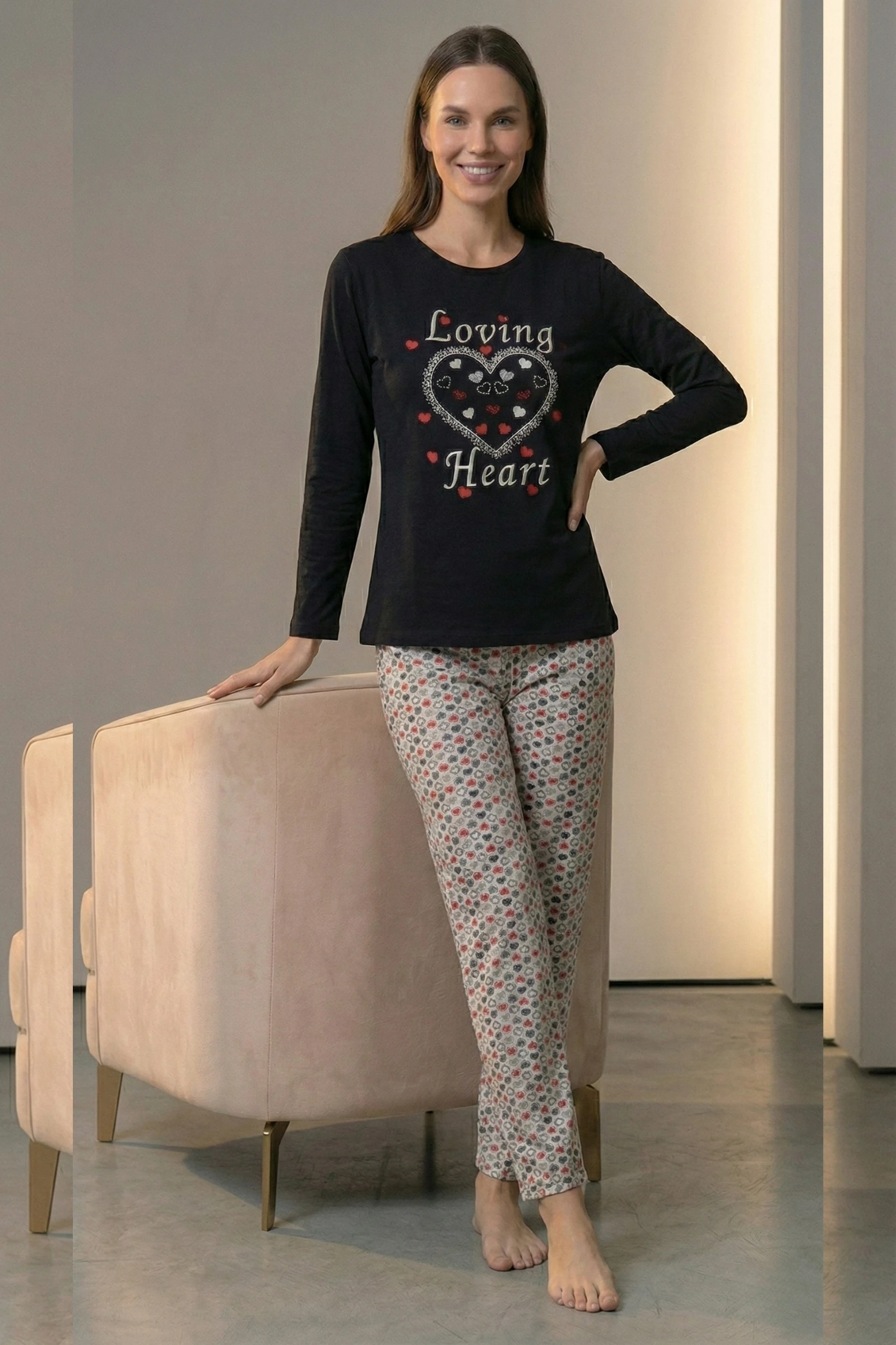 Dreamy Pamuklu Desenli 2 İplik Uzun Kollu Pijama Takımı - Siyah-Beyaz