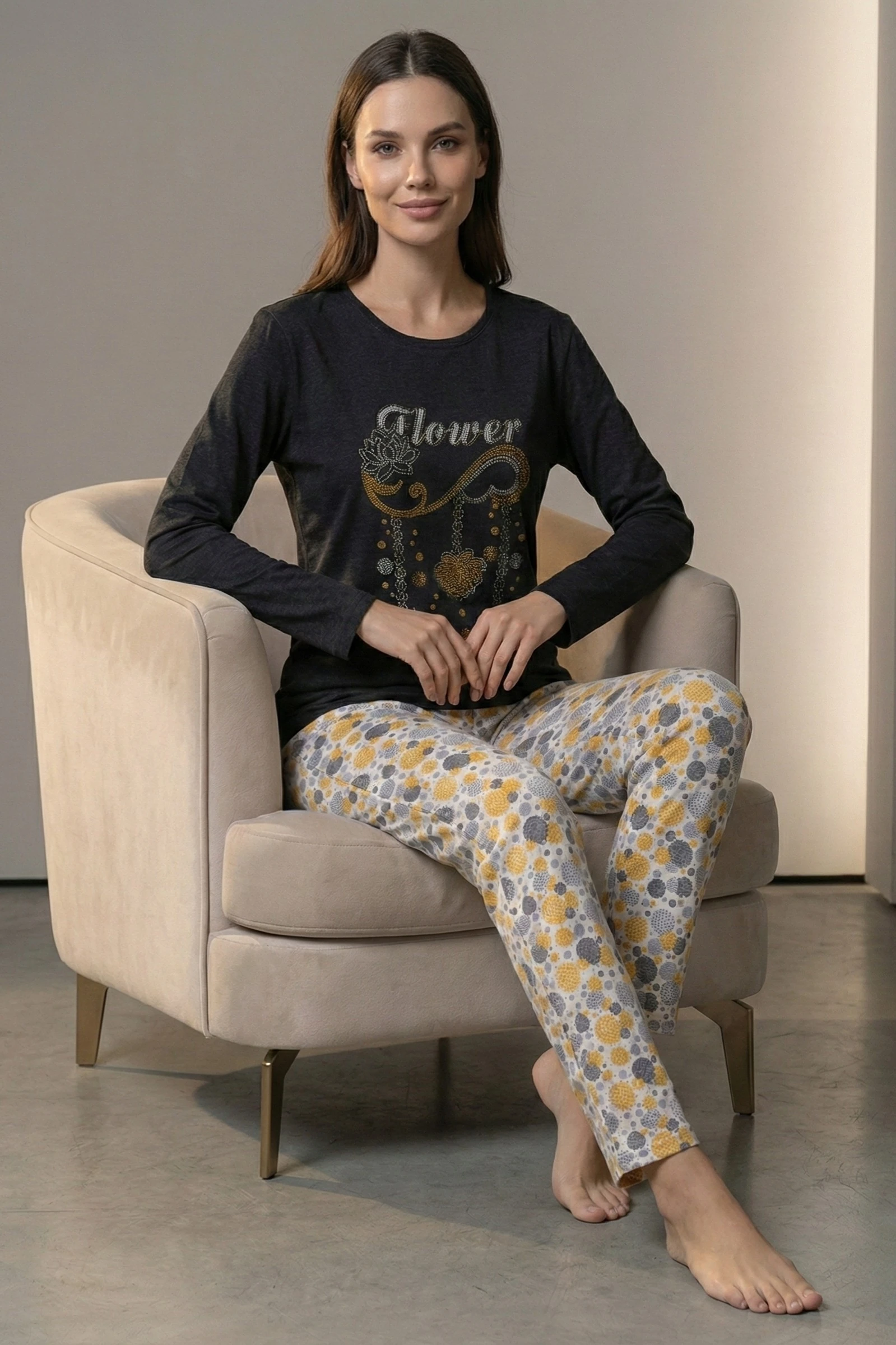 Dreamy Pamuklu Desenli 2 İplik Uzun Kollu Pijama Takımı - Siyah-Sarı