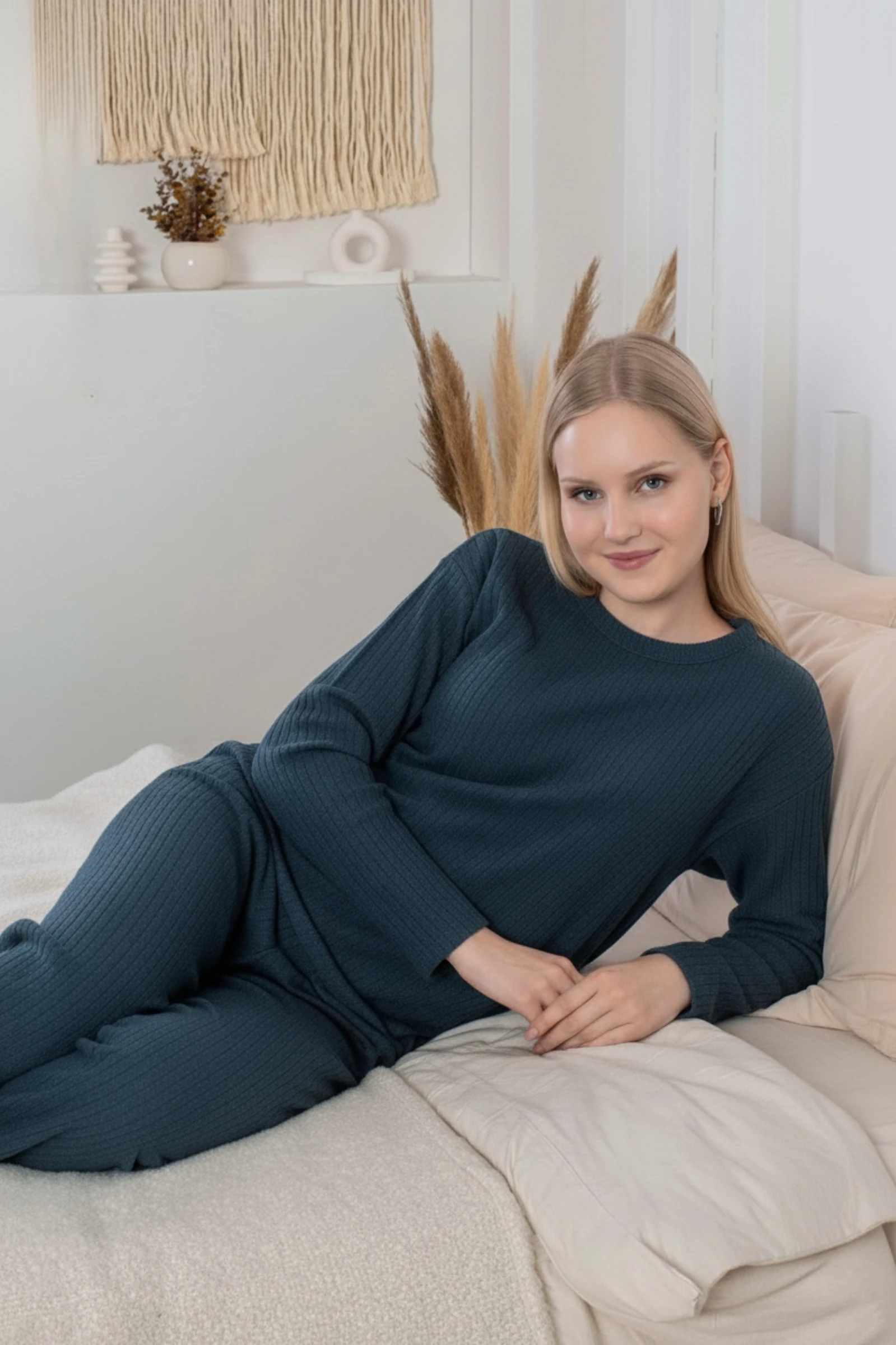 Kalın Kışlık İnterlok Şeritli Uzun Kollu Örme Pijama Takımı - Lacivert