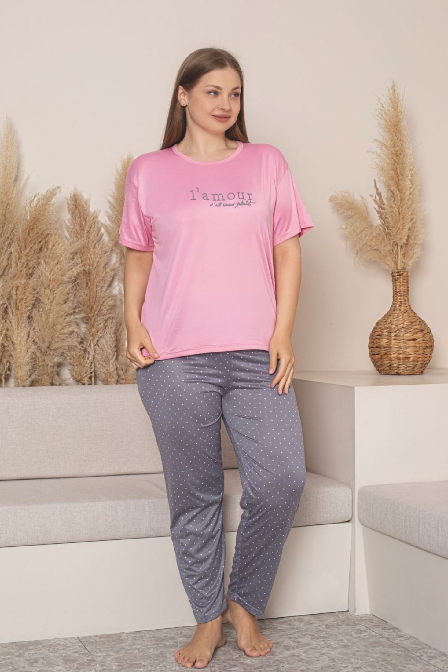 Büyük Beden Milan Bambu Kısa Kollu Likralı Penye Pijama Takımı - Pembe