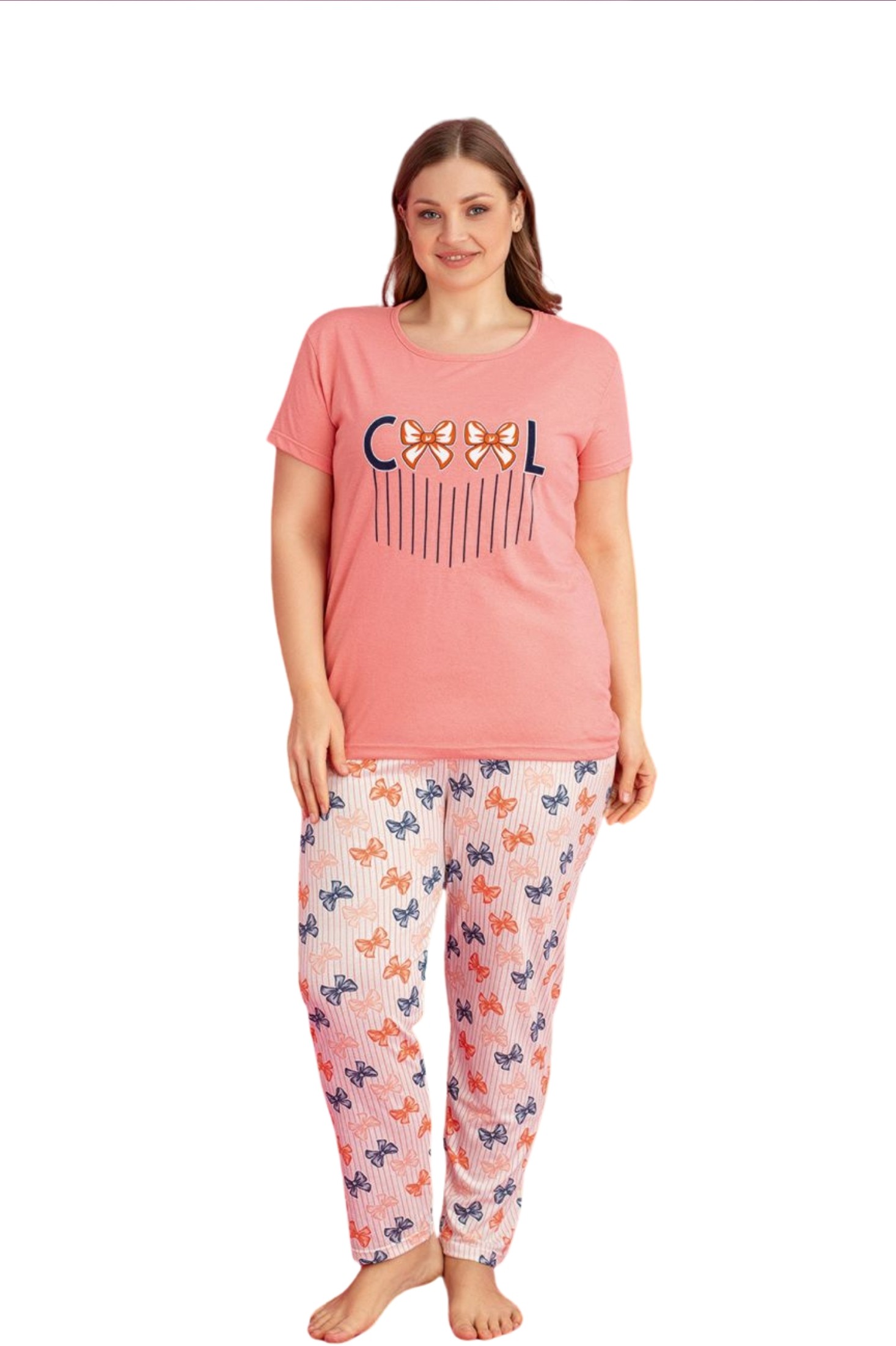 X-Dreamy Büyük Beden Pamuklu Desenli Kısa Kollu Pijama Takımı - Yavruağzı