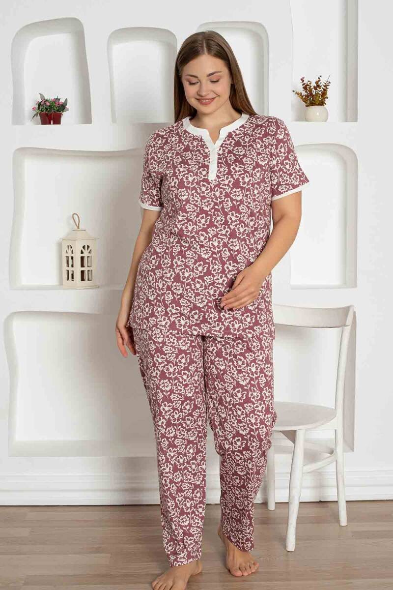 X-Dreamy Büyük Beden Likralı Pamuklu Çiçekli Kısa Kollu Pijama Takımı - Gül Kurusu