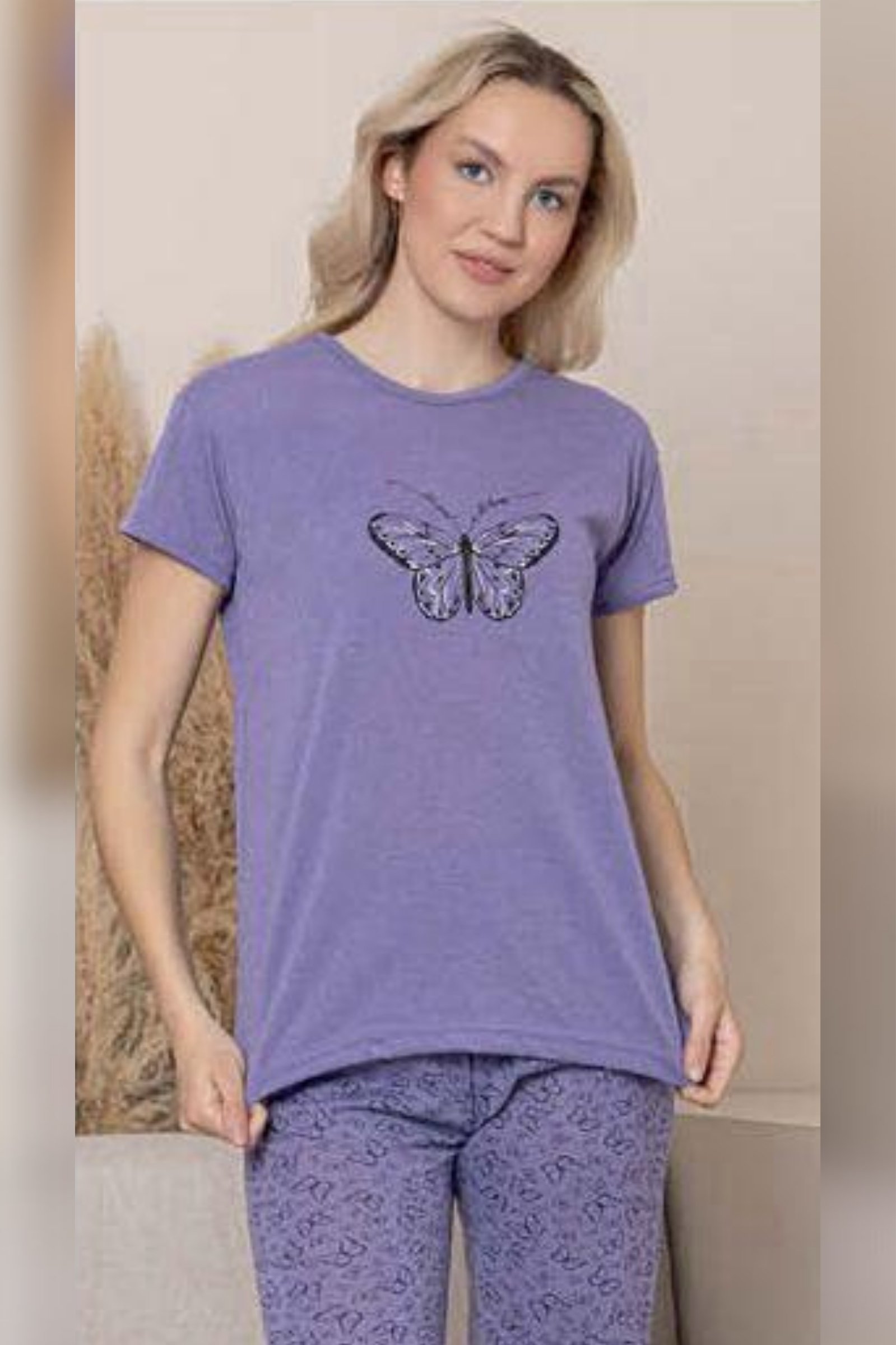 Ecodream Kısa Kollu Desenli Ekonomik Kadın Pijama Takımı - Mor