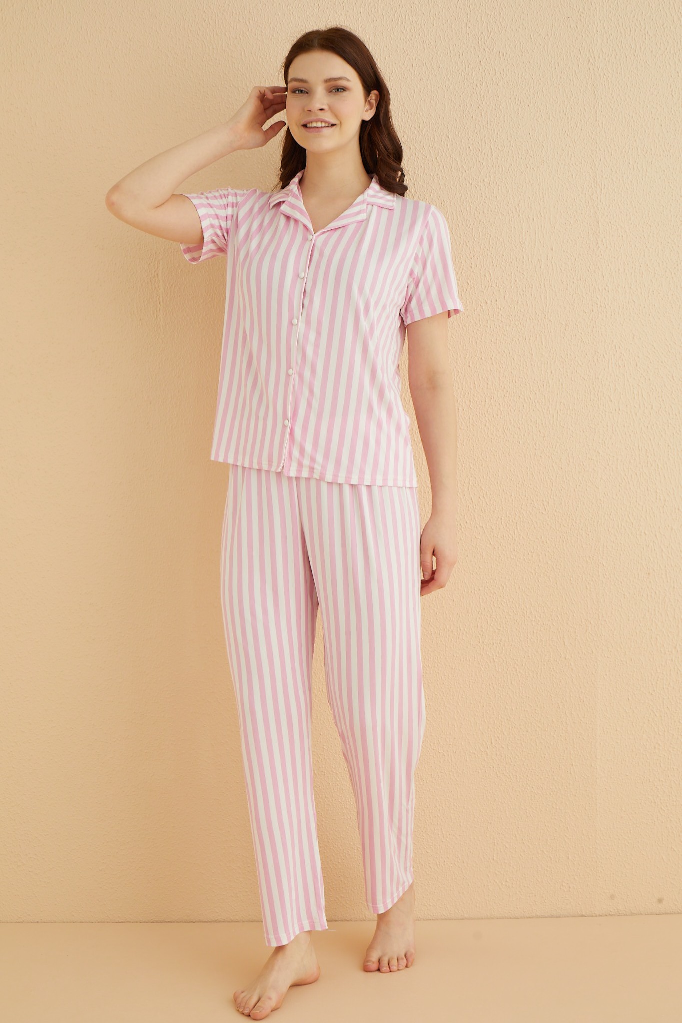 Dreamy Secret Bambu Kumaş Çizgili Kısa Kollu Gömlek Pijama Takımı - Pembe