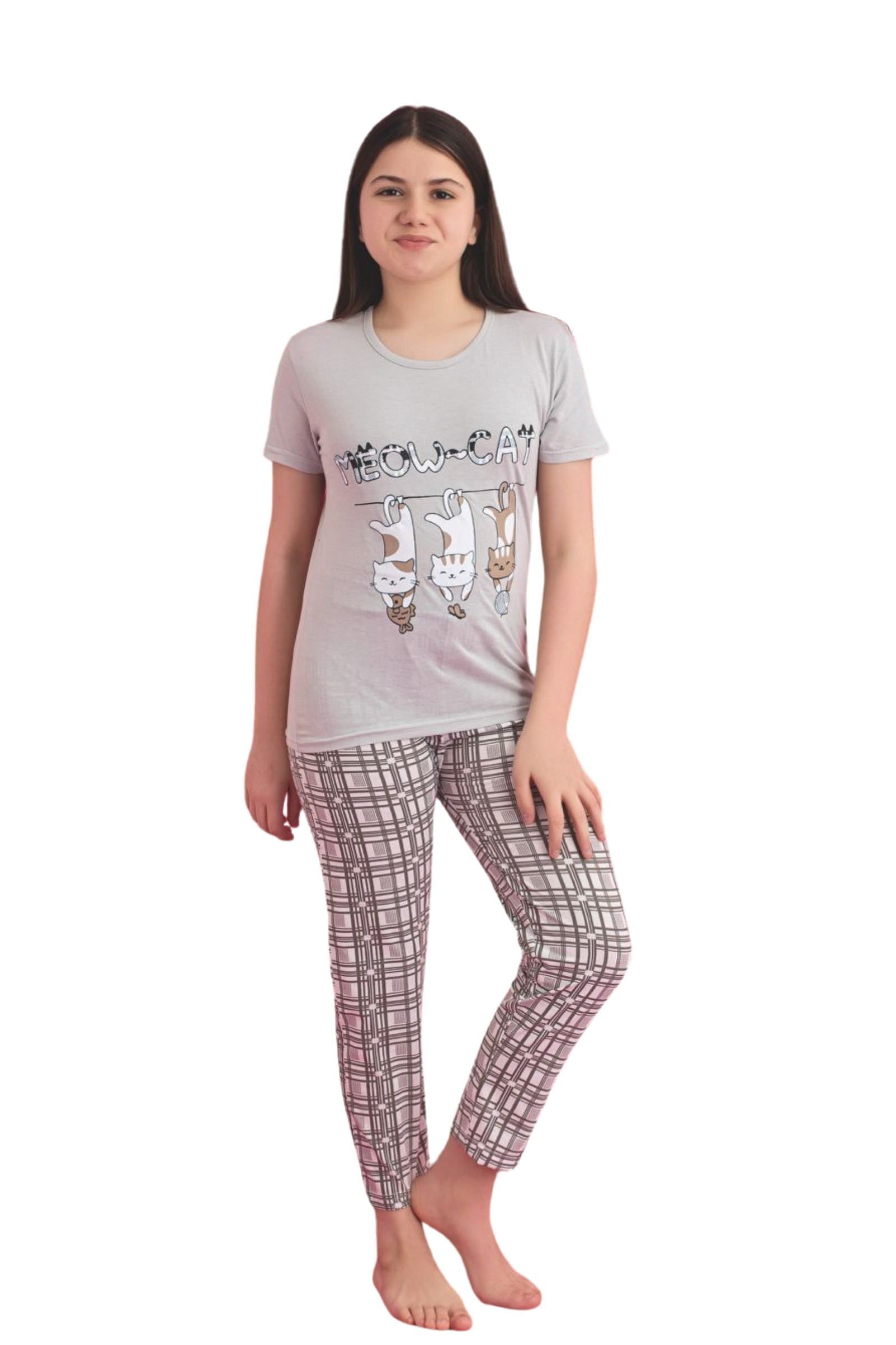 Faryakids Pamuklu Kısa Kollu Kedi Desenli Kız Çocuk Pijama Takımı - Gri