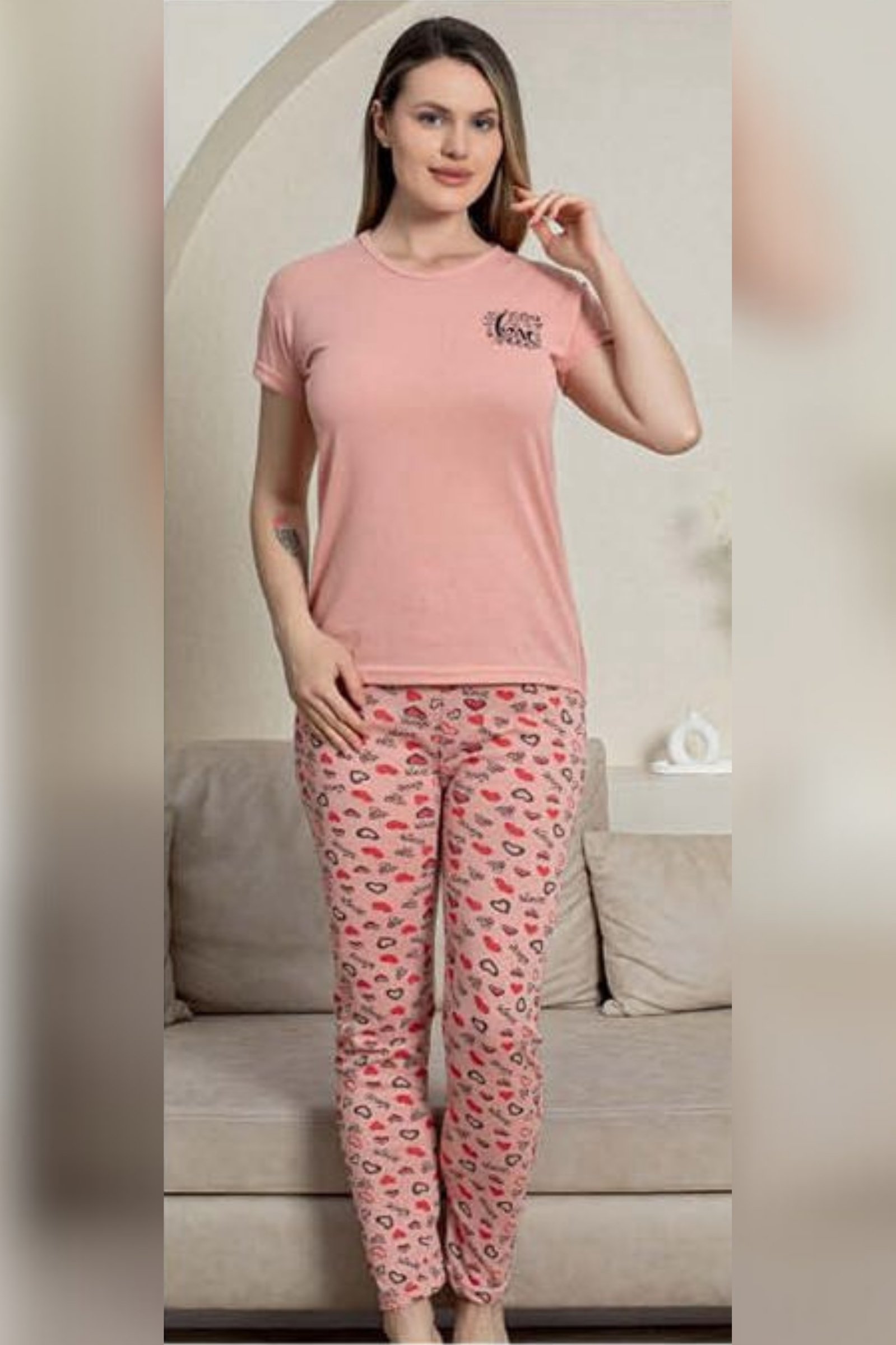 Ecodream Kısa Kollu Desenli Ekonomik Kadın Pijama Takımı - Somon