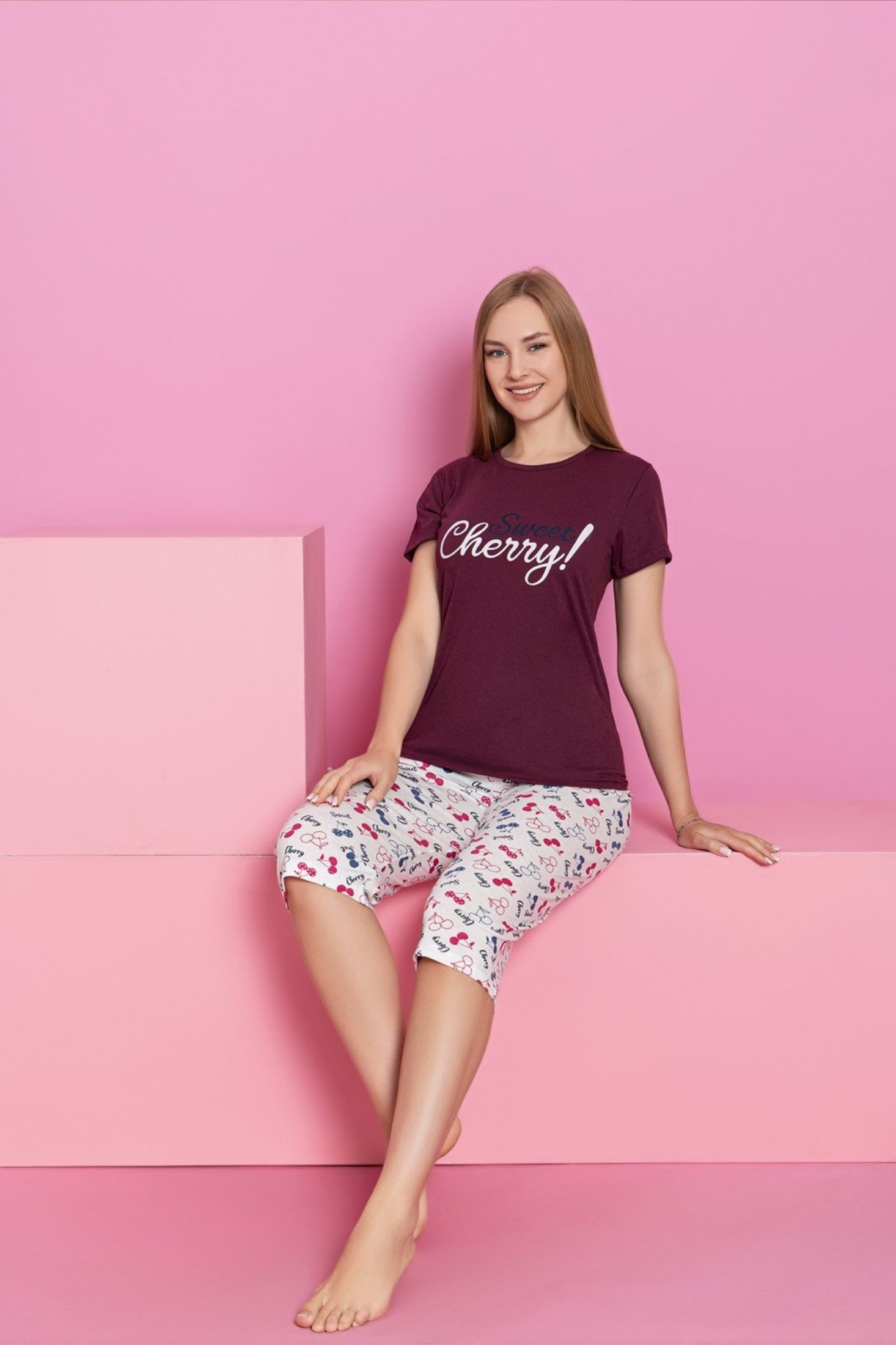 Dreamy Pamuklu Desenli Kısa Kollu Bermuda Kapri Takım - Bordo