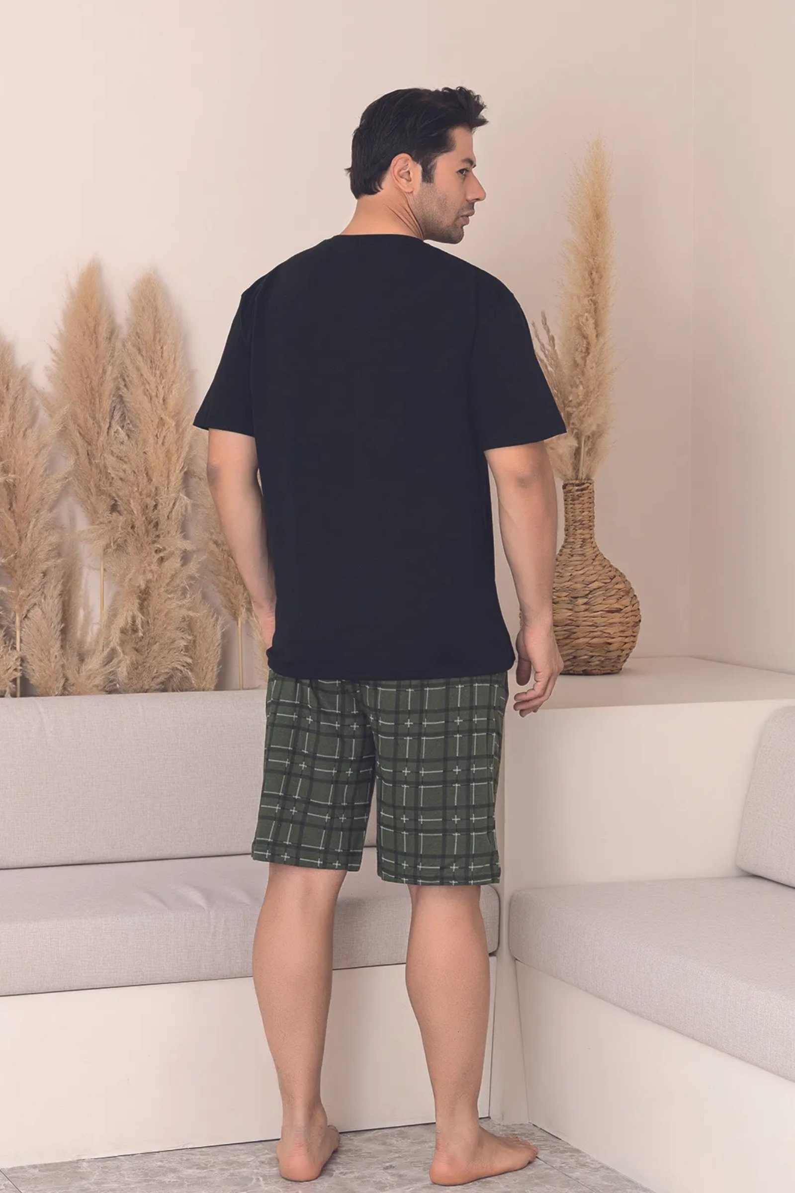 Dreamy Pamuklu Cepli Desenli Kısa Kollu Şortlu Erkek Pijama Takımı - Yeşil