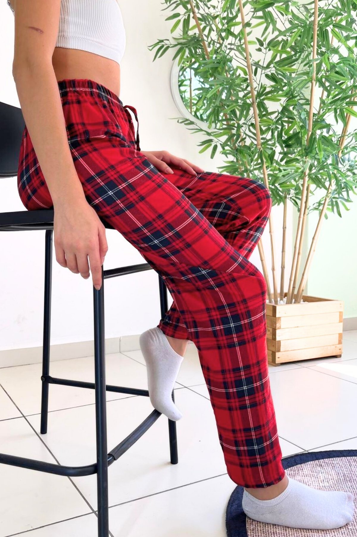 Dreamy Soft Kadife Dokulu Ekose Kareli Süet Pijama Altı Pantolon - Kırmızı