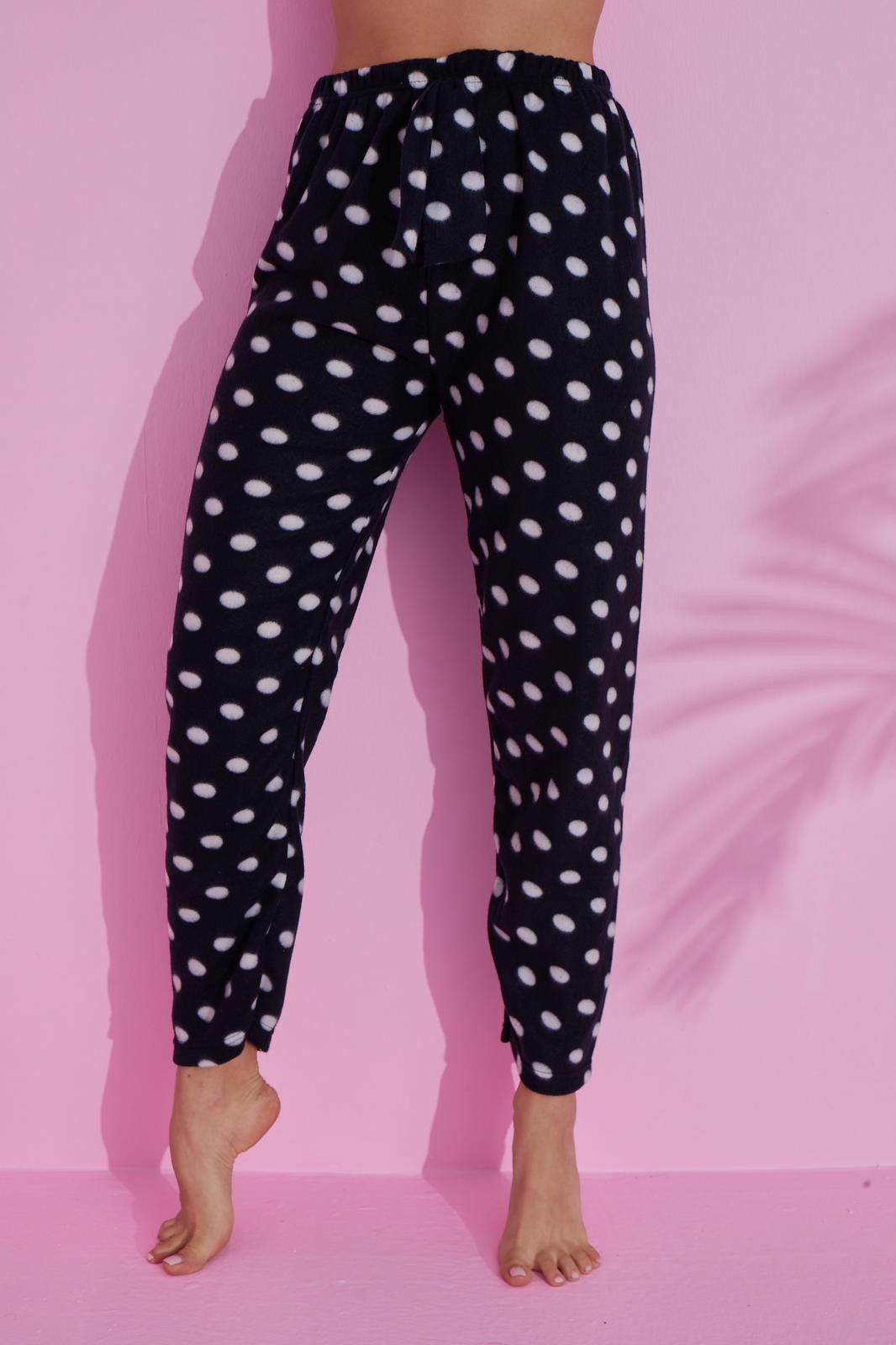 Luxury Soft Welsoft Polar Puantiyeli Kışlık Peluş Pijama Altı Pantolon - Siyah