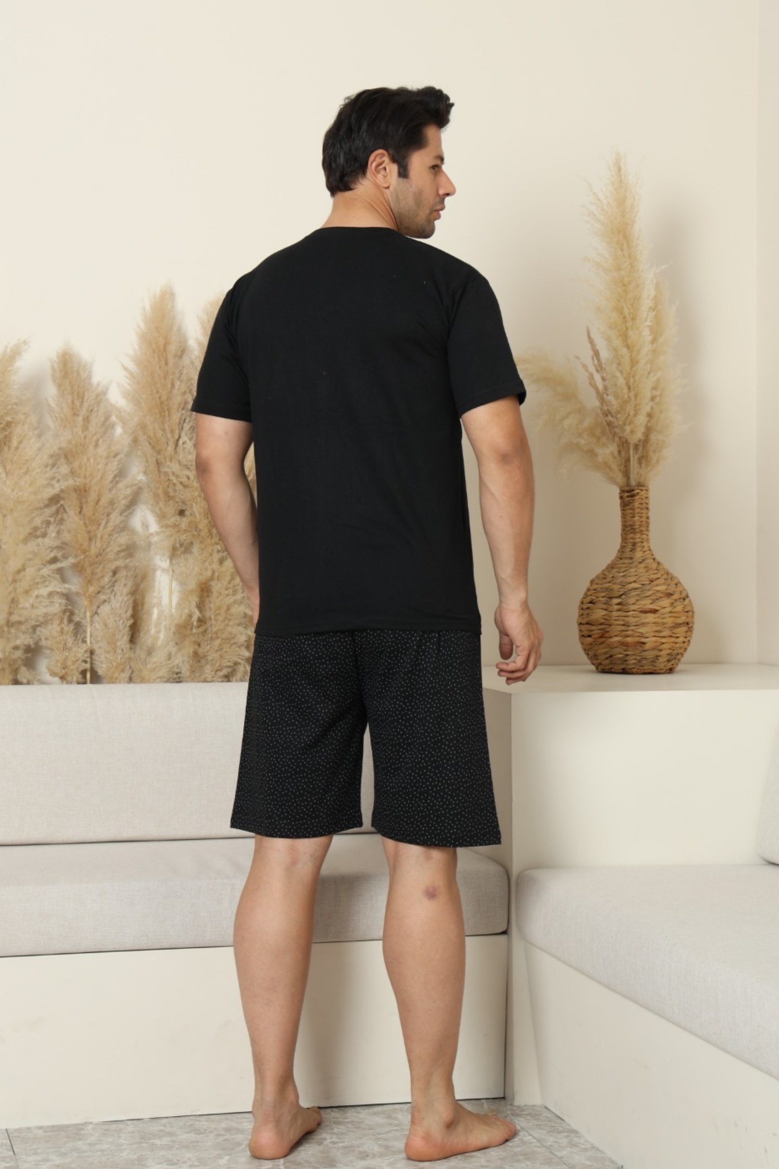 Dreamy Pamuklu Cepli Desenli Kısa Kollu Şortlu Erkek Pijama Takımı - Siyah