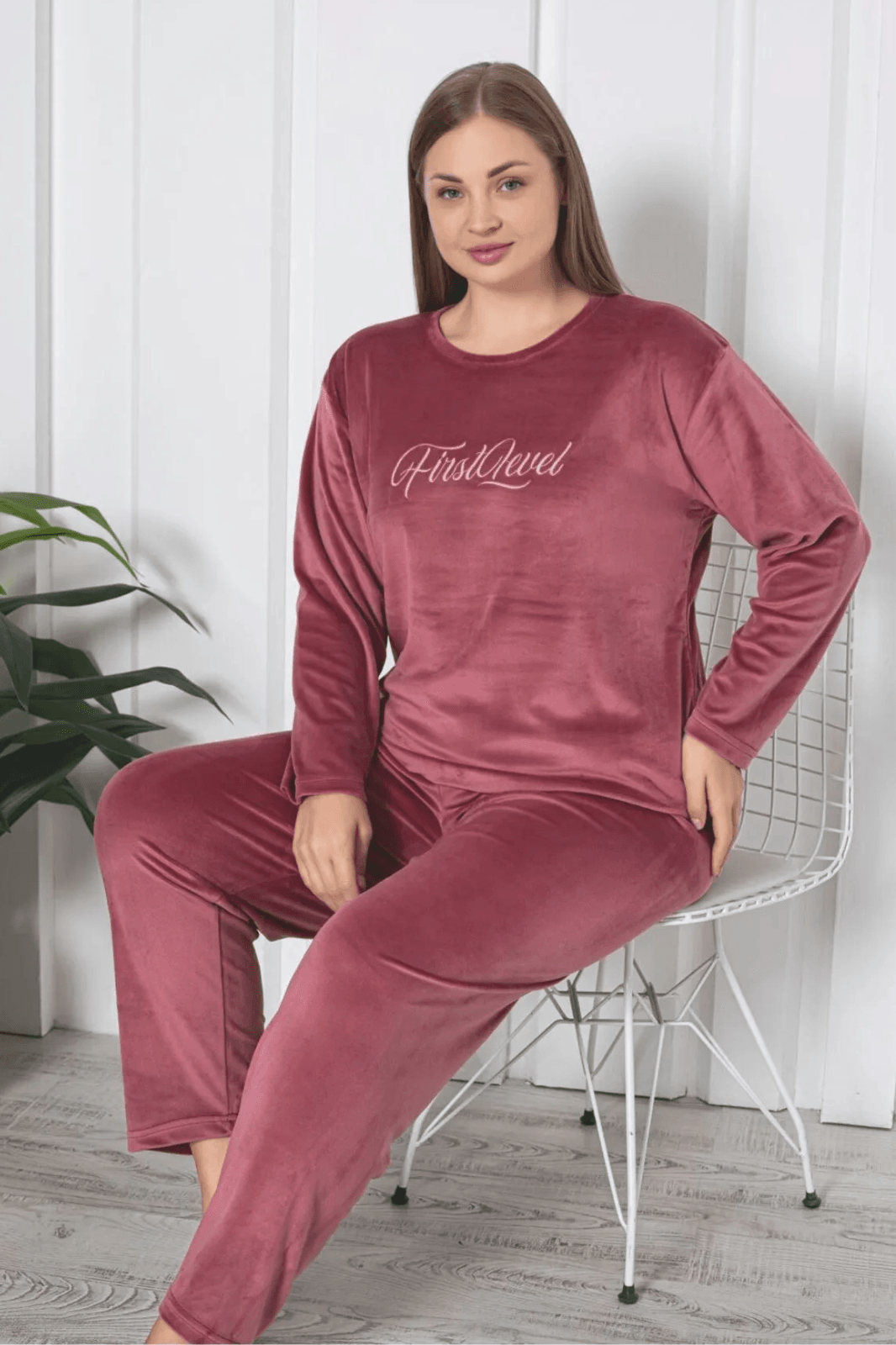 Luxury Velvet Büyük Beden Fransız Kadife Pijama Takımı - Pembe