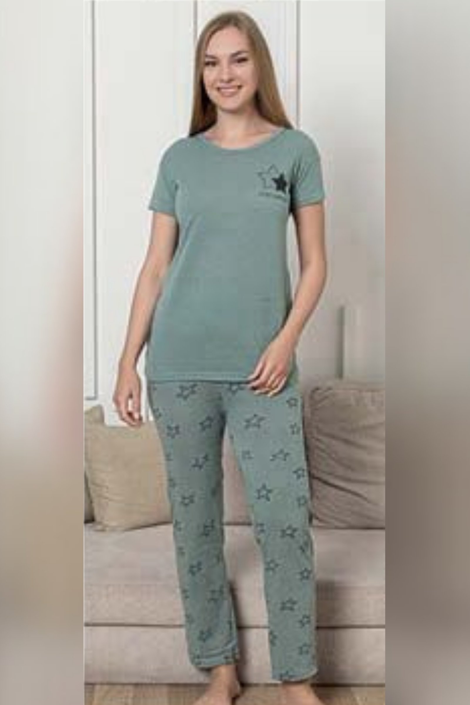 Ecodream Kısa Kollu Desenli Ekonomik Kadın Pijama Takımı - Yeşil