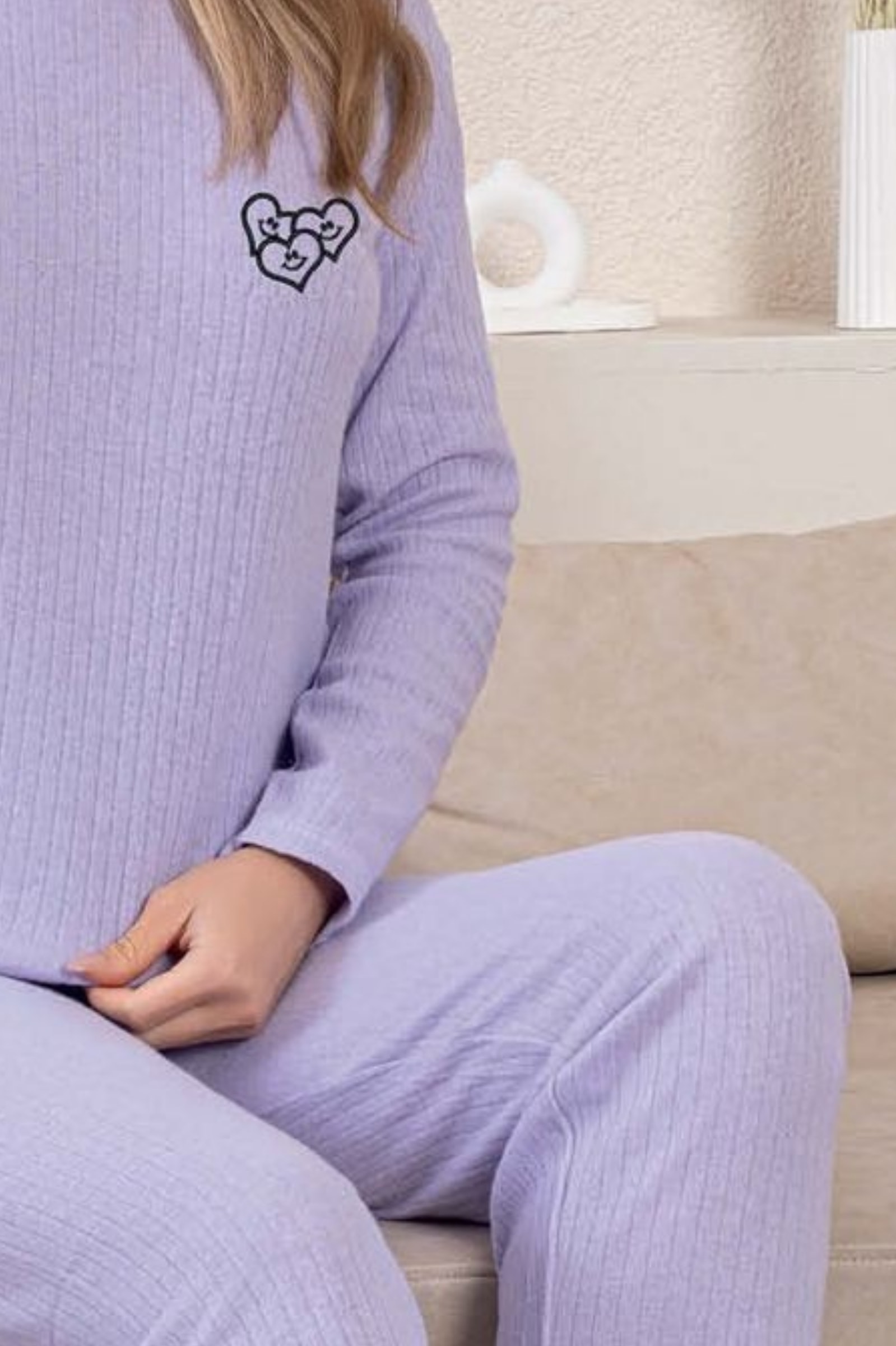 Kalın Kışlık İnterlok Şeritli Uzun Kollu Örme Pijama Takımı - Lila