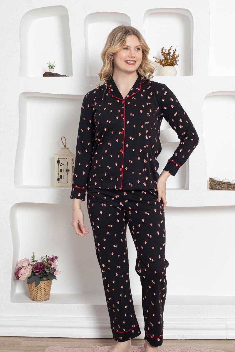 Dreamy Pamuklu Biyeli Mantar Desenli Uzun Kollu Gömlek Pijama Takımı