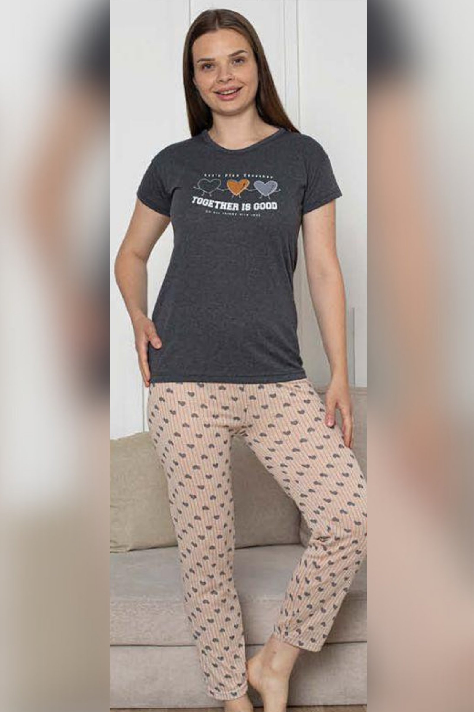 Ecodream Kısa Kollu Desenli Ekonomik Kadın Pijama Takımı - Siyah