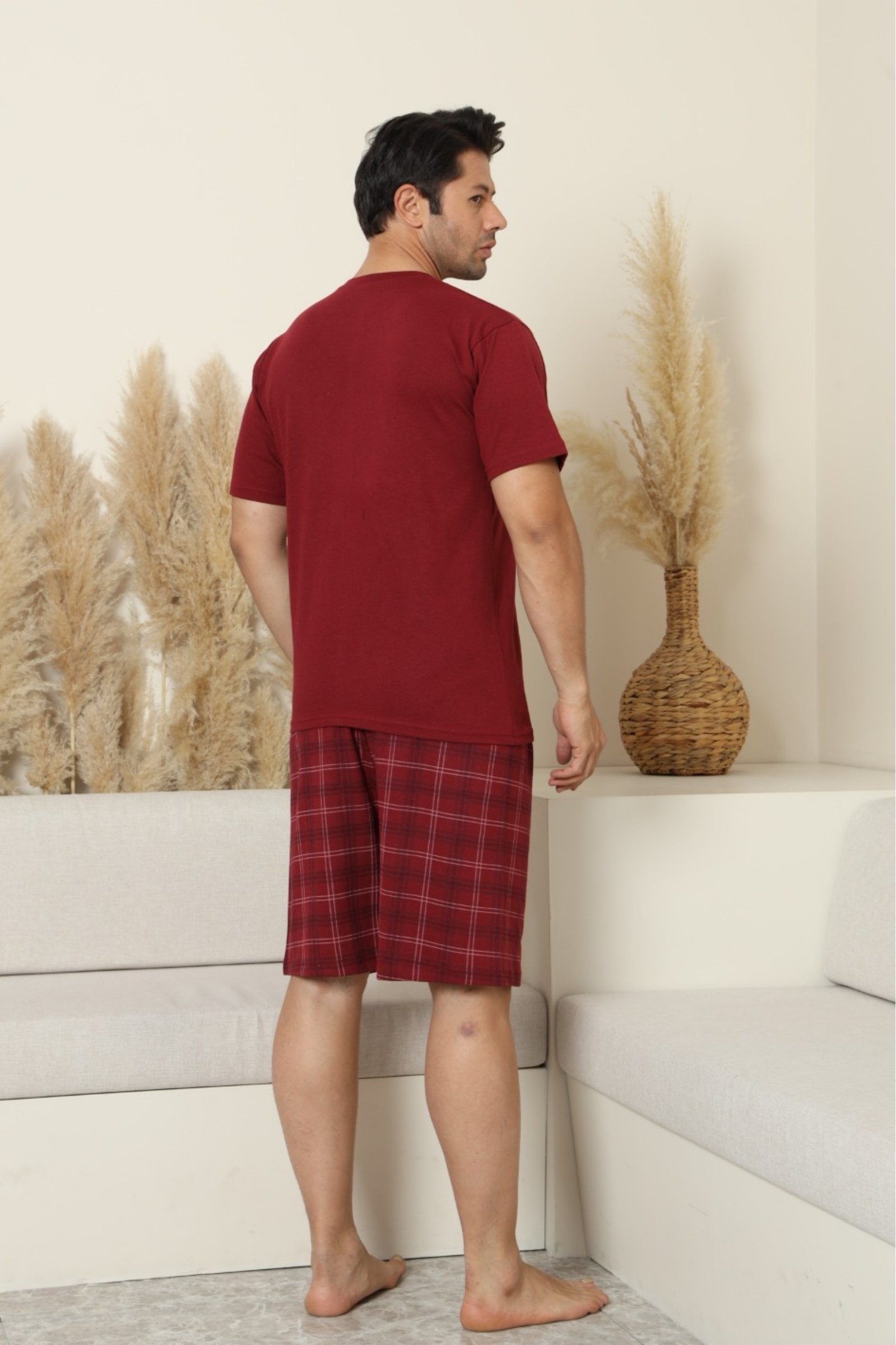 Dreamy Pamuklu Cepli Desenli Kısa Kollu Şortlu Erkek Pijama Takımı - Bordo