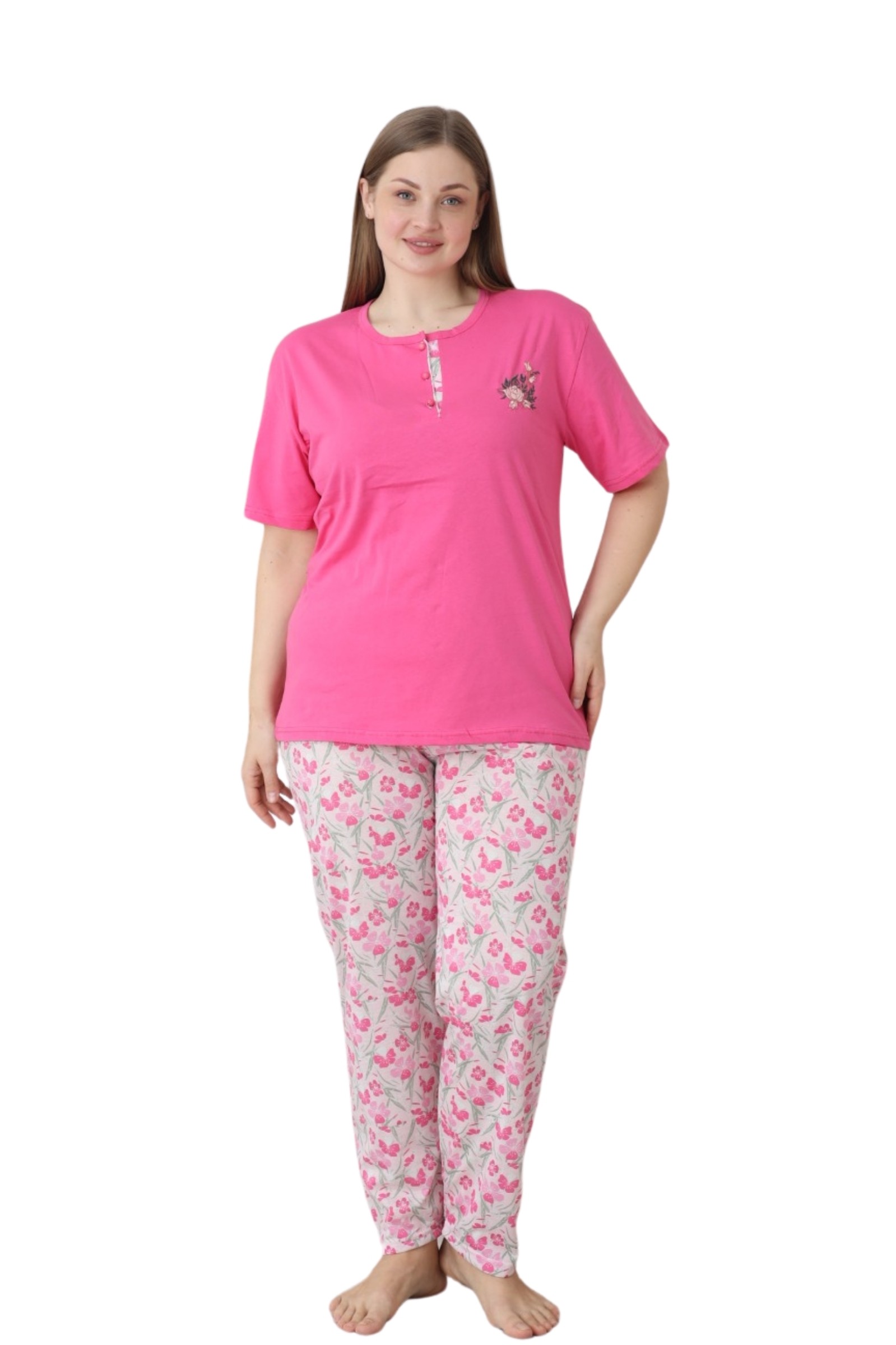 X-Dreamy Büyük Beden Pamuklu Düğmeli Yaka Kısa Kollu Penye Pijama Takımı - Fuşya