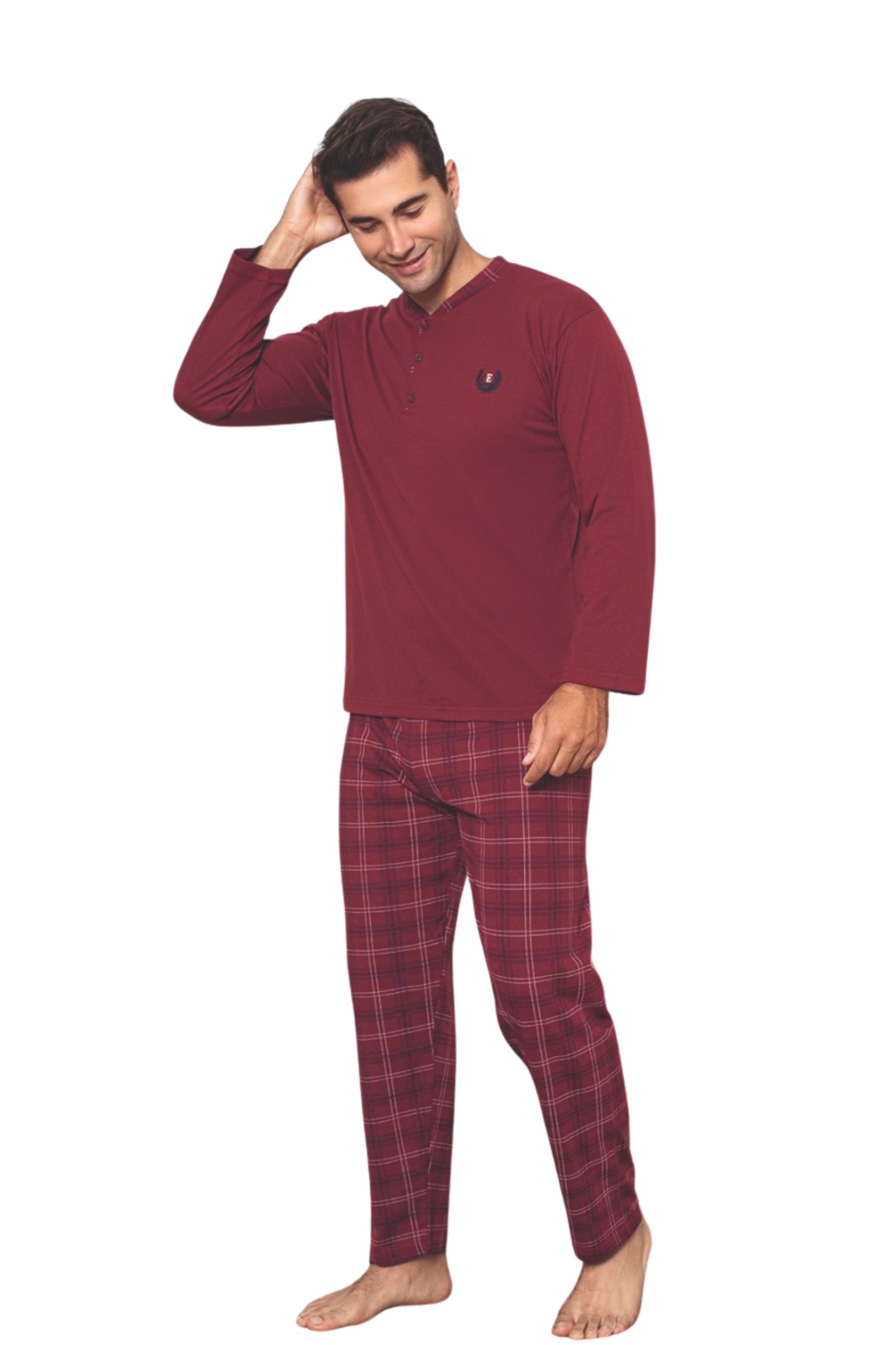 Dreamy Pamuklu Ekose Kareli Uzun Kollu Düğmeli Yaka Erkek Pijama Takımı - Bordo