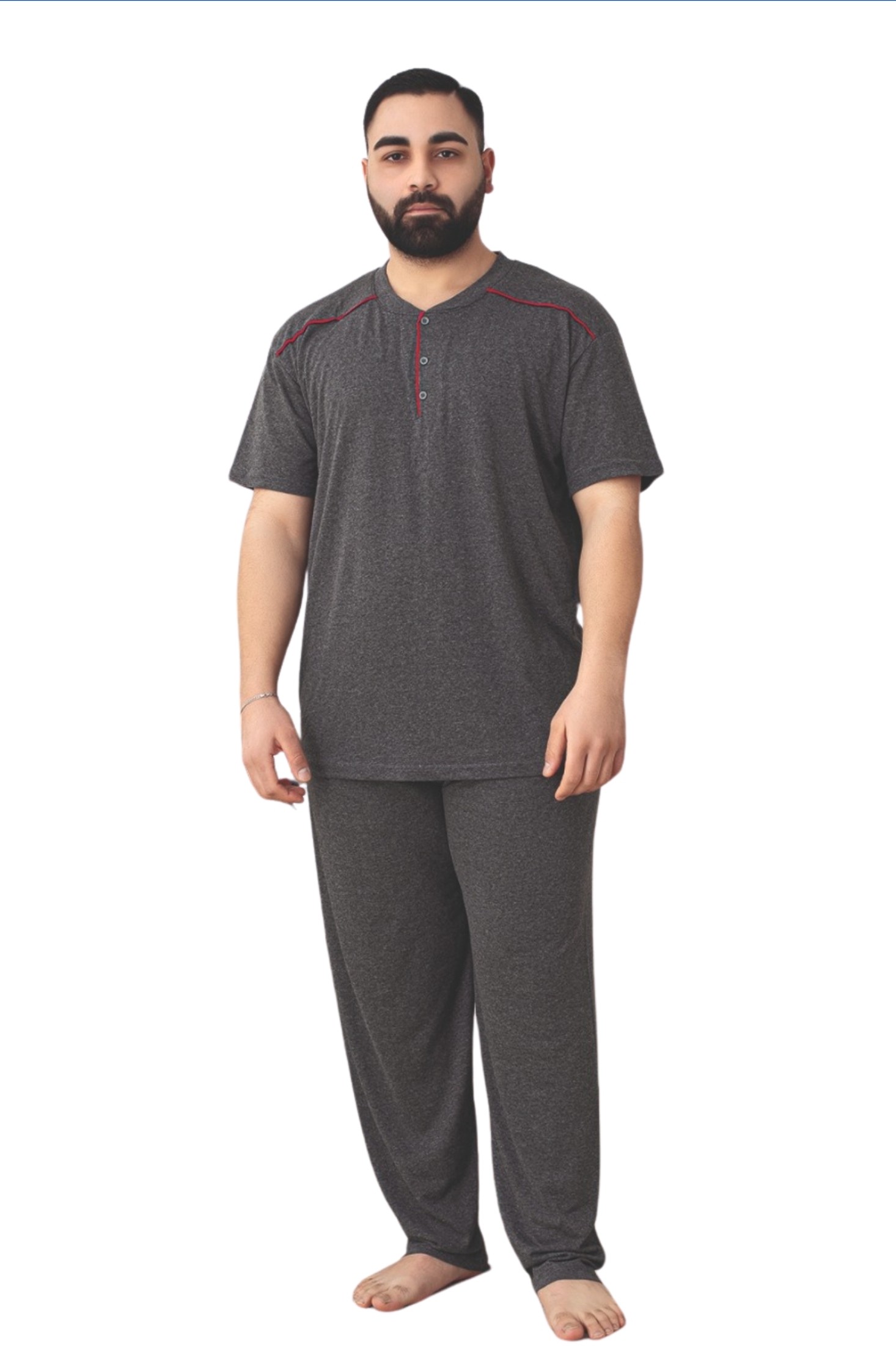 Büyük Beden Pamuklu Cepli Düğmeli Yaka Kısa Kollu Erkek Pijama Takımı - FÜME