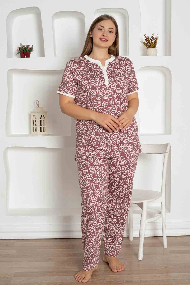 X-Dreamy Büyük Beden Likralı Pamuklu Çiçekli Kısa Kollu Pijama Takımı - Gül Kurusu