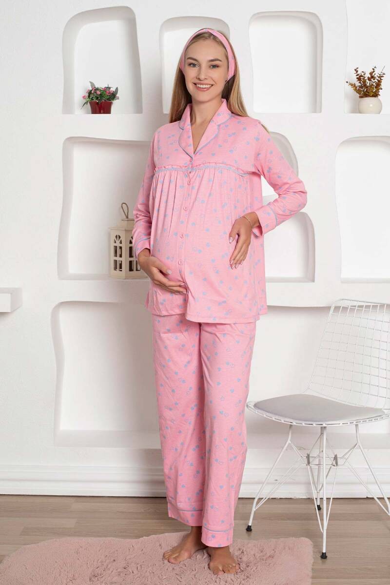 Mother's Dream Pamuklu Biyeli Düğmeli Hamile Lohusa Pijama Takımı - Pembe